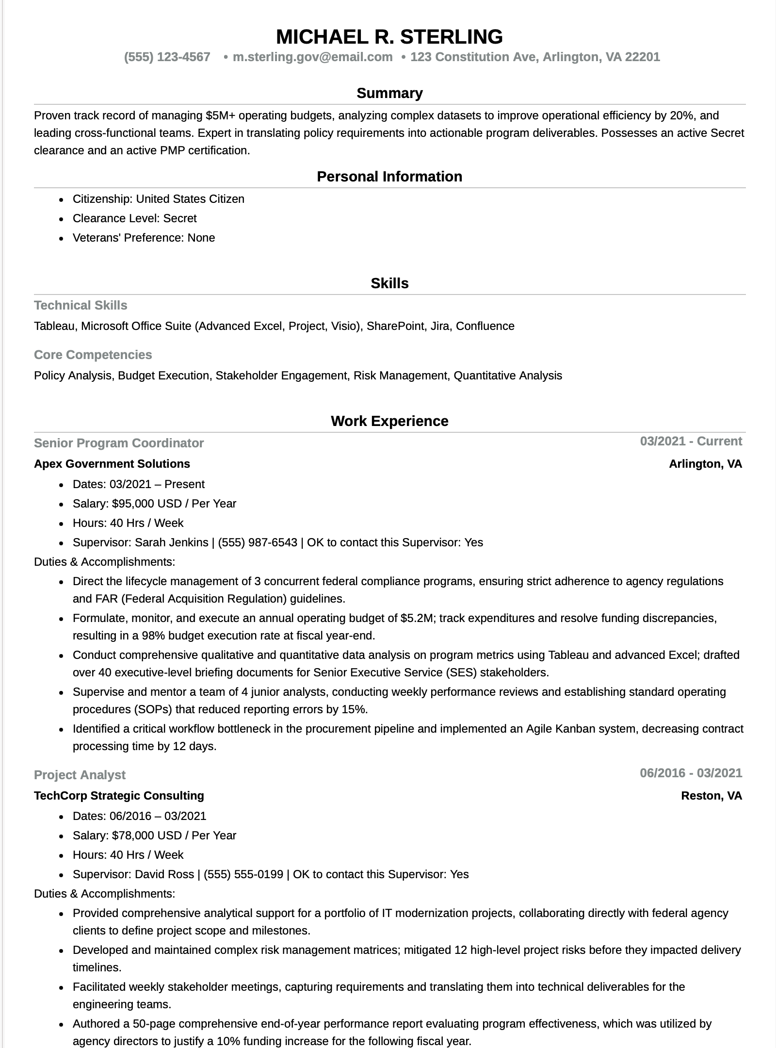 USAJOBS Compliant Resume Format (GS-9 to GS-12)