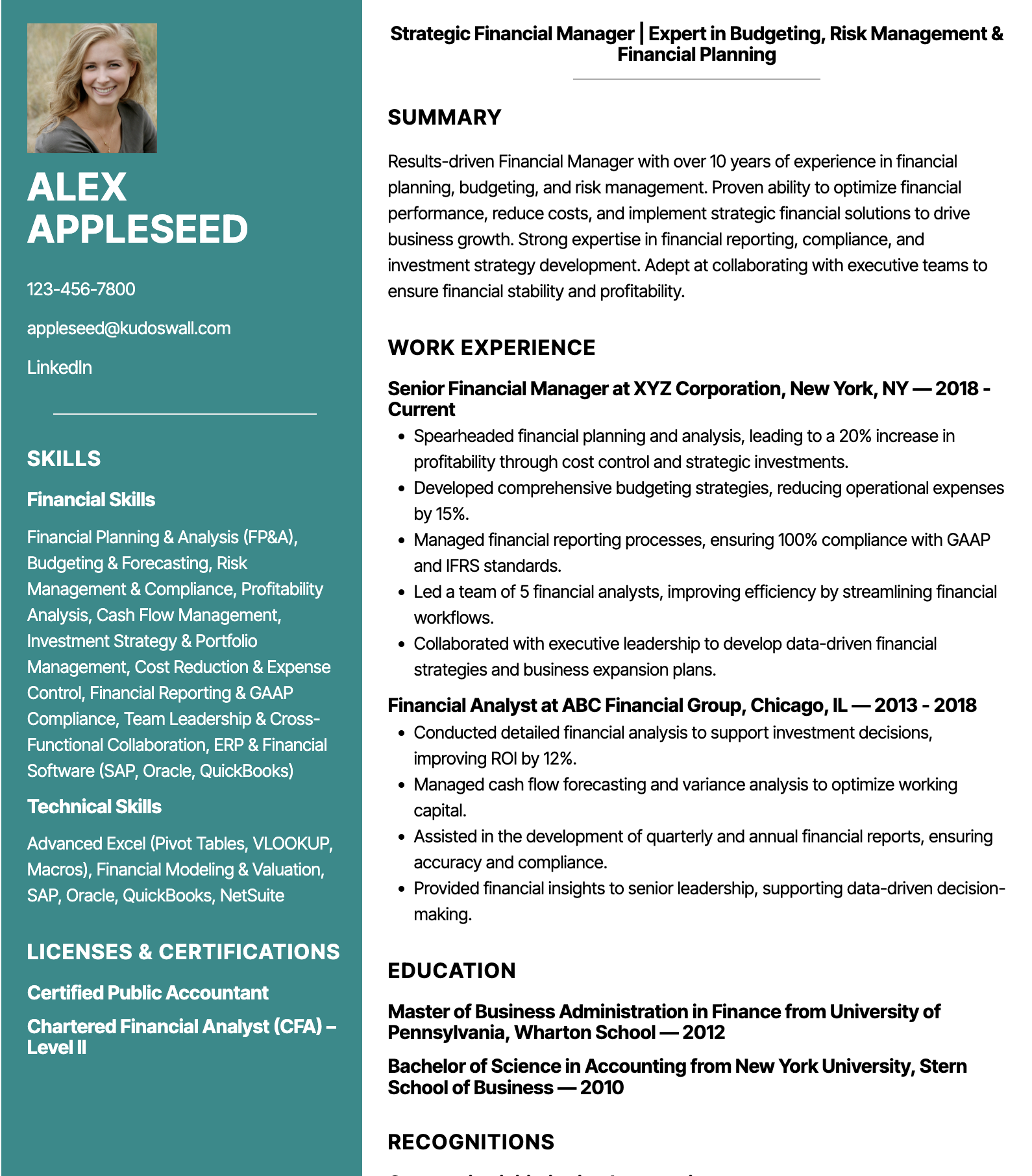 Finance Manager Resume Template