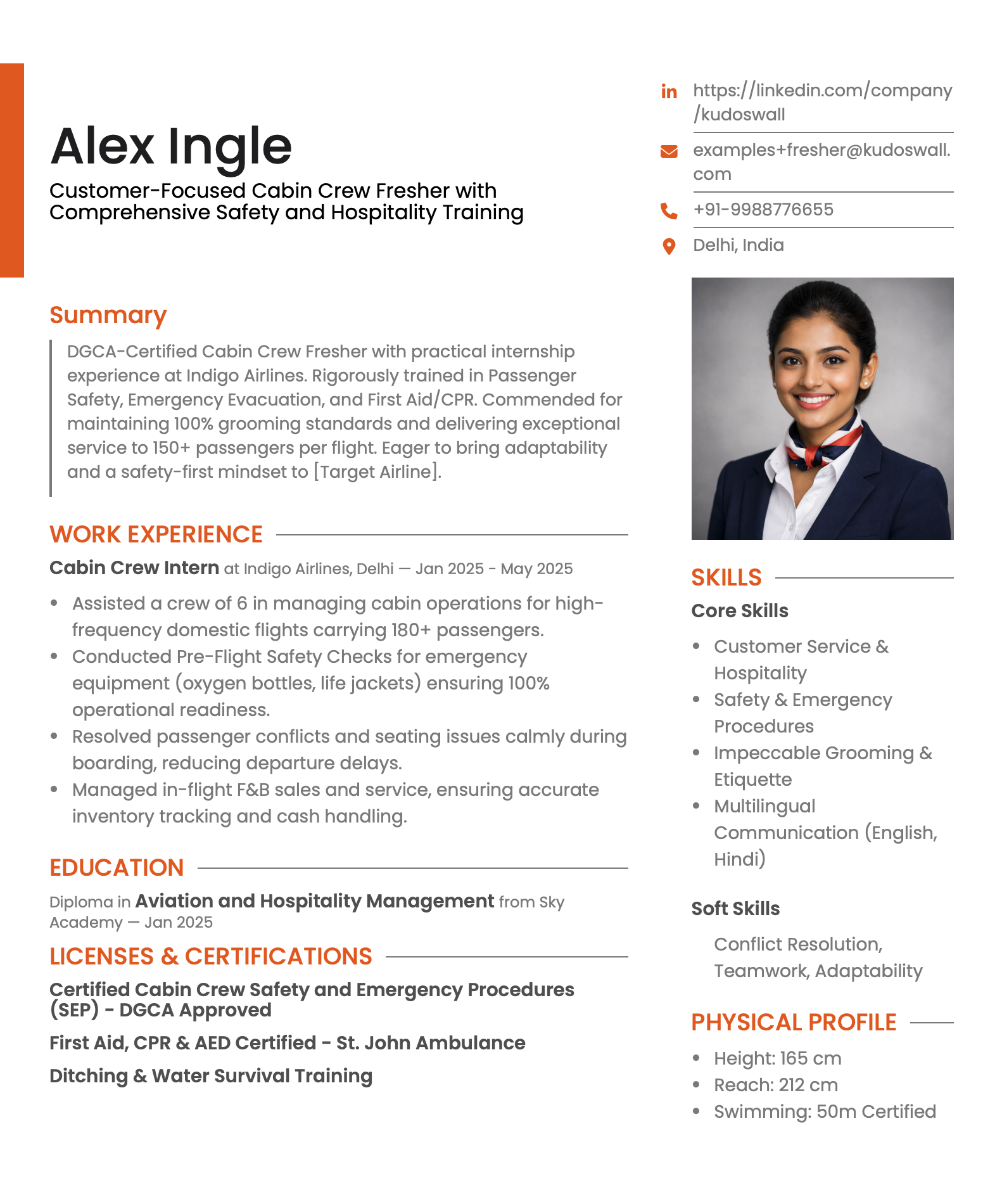 Cabin Crew Fresher Resume Example