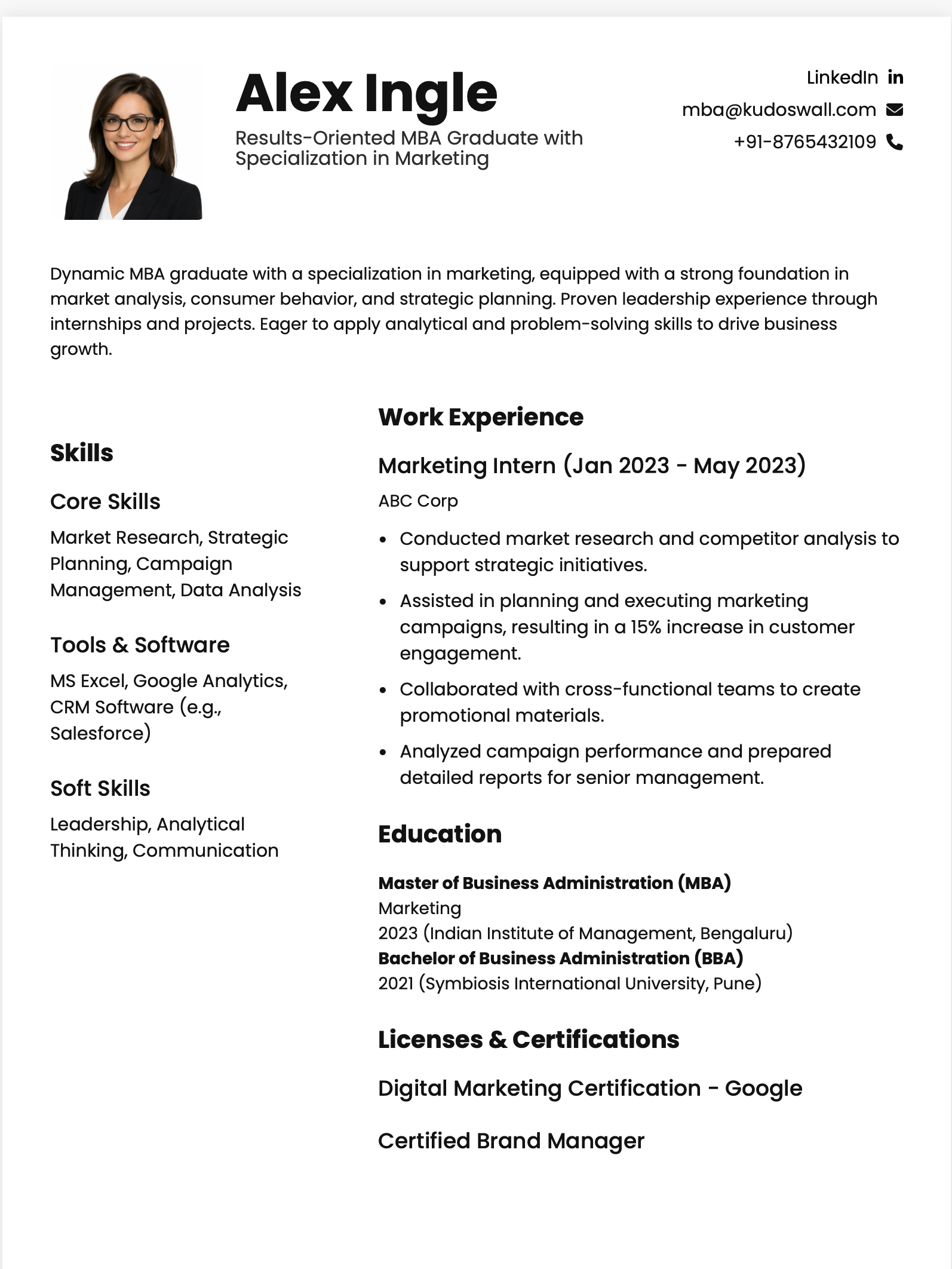 MBA Fresher Resume Example