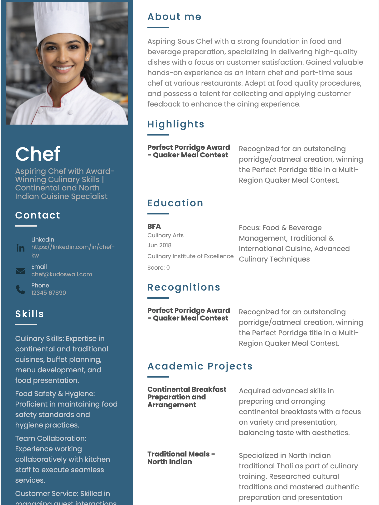 Sous-Chef Fresher Resume Example