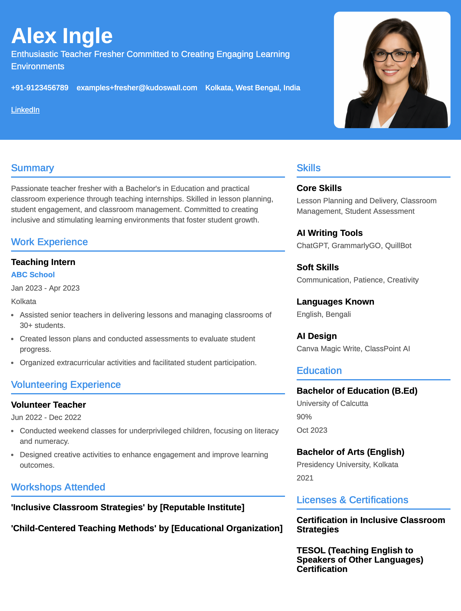 Teacher Fresher Resume Example