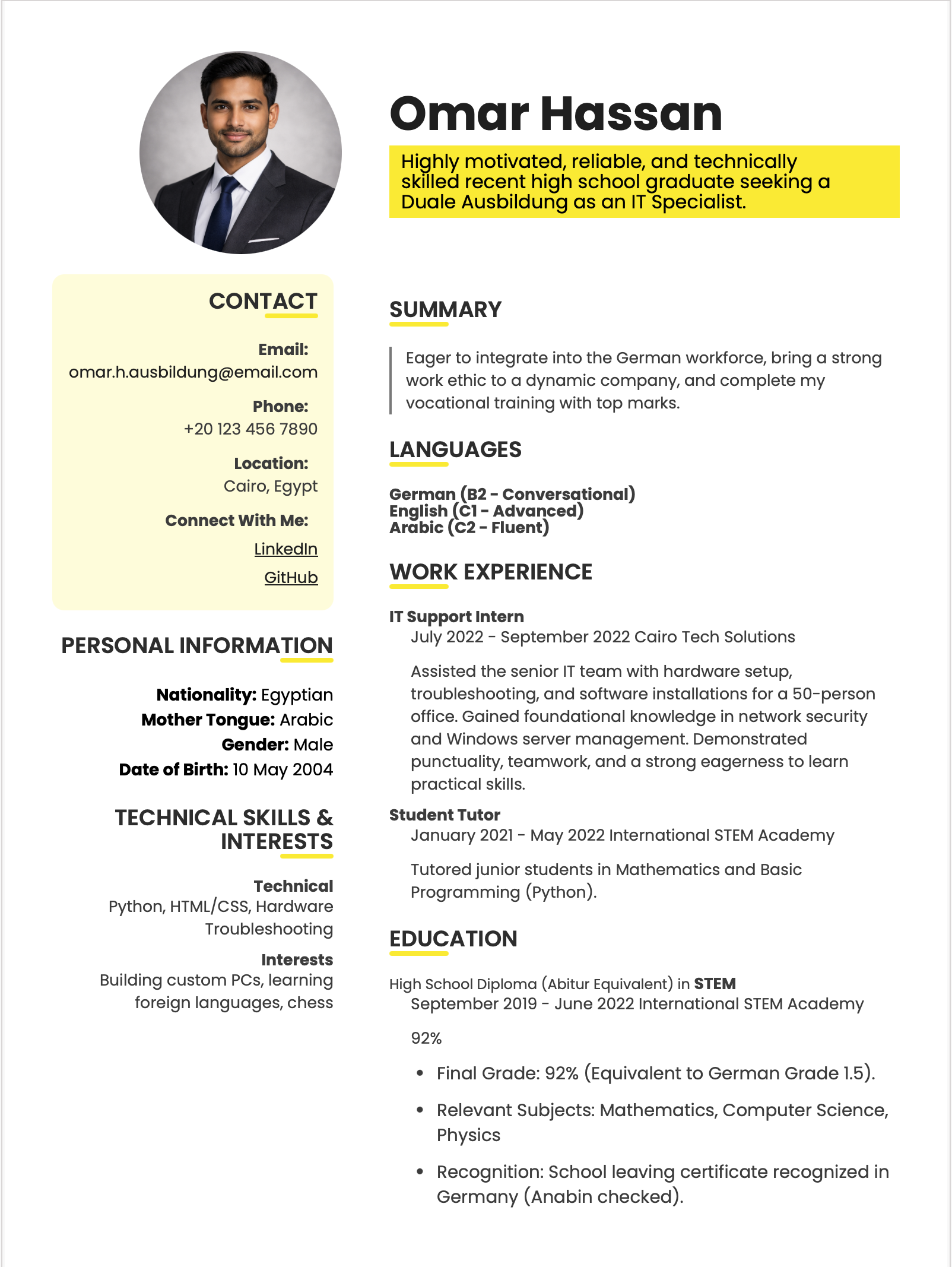 IT Ausbildung CV Format (German Apprenticeship)