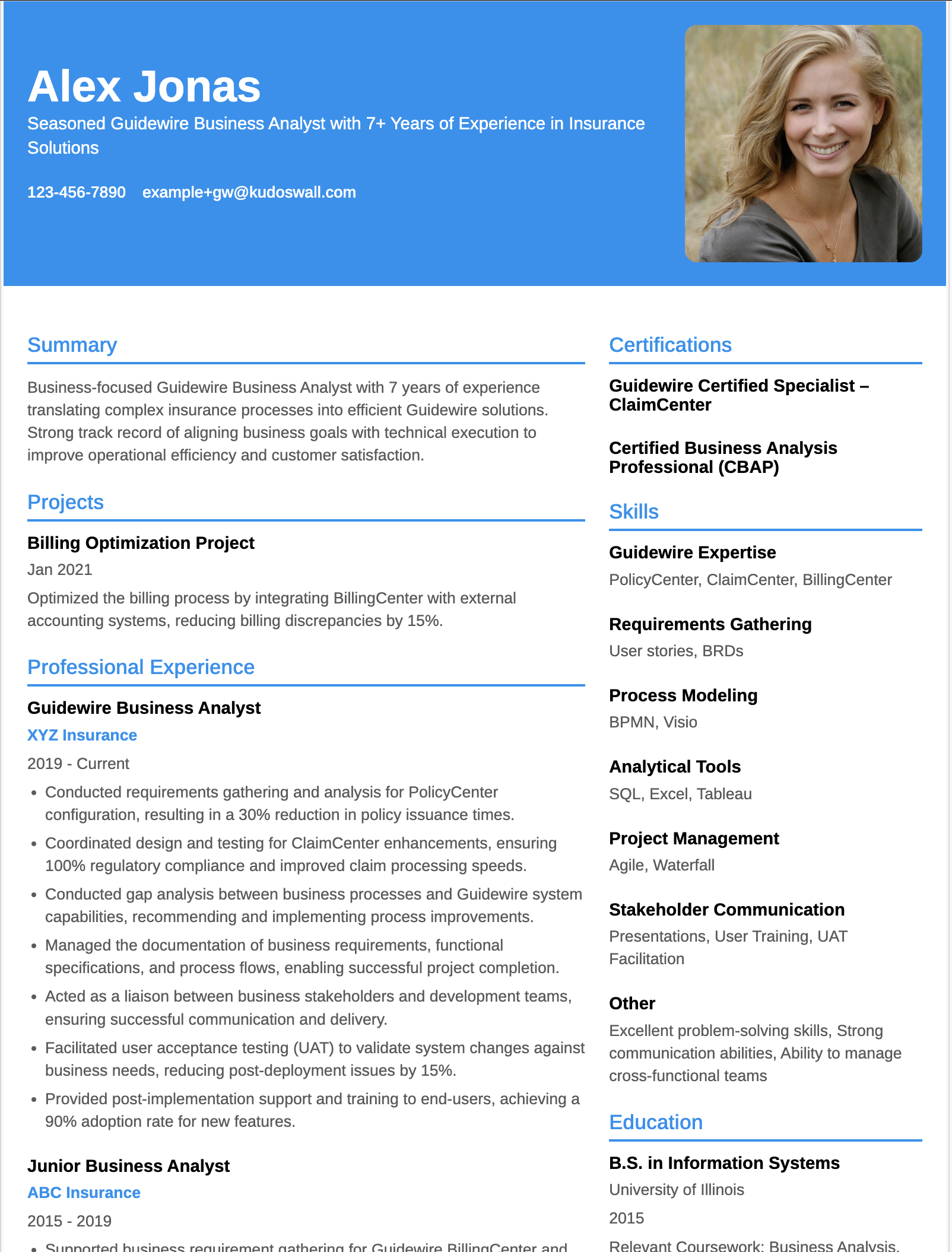 Guidewire Business Analyst Resume Example
