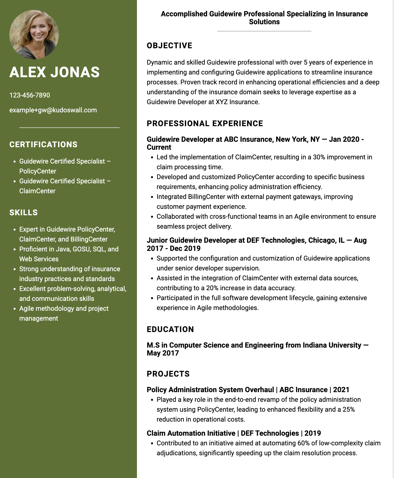 Guidewire Developer Resume Example