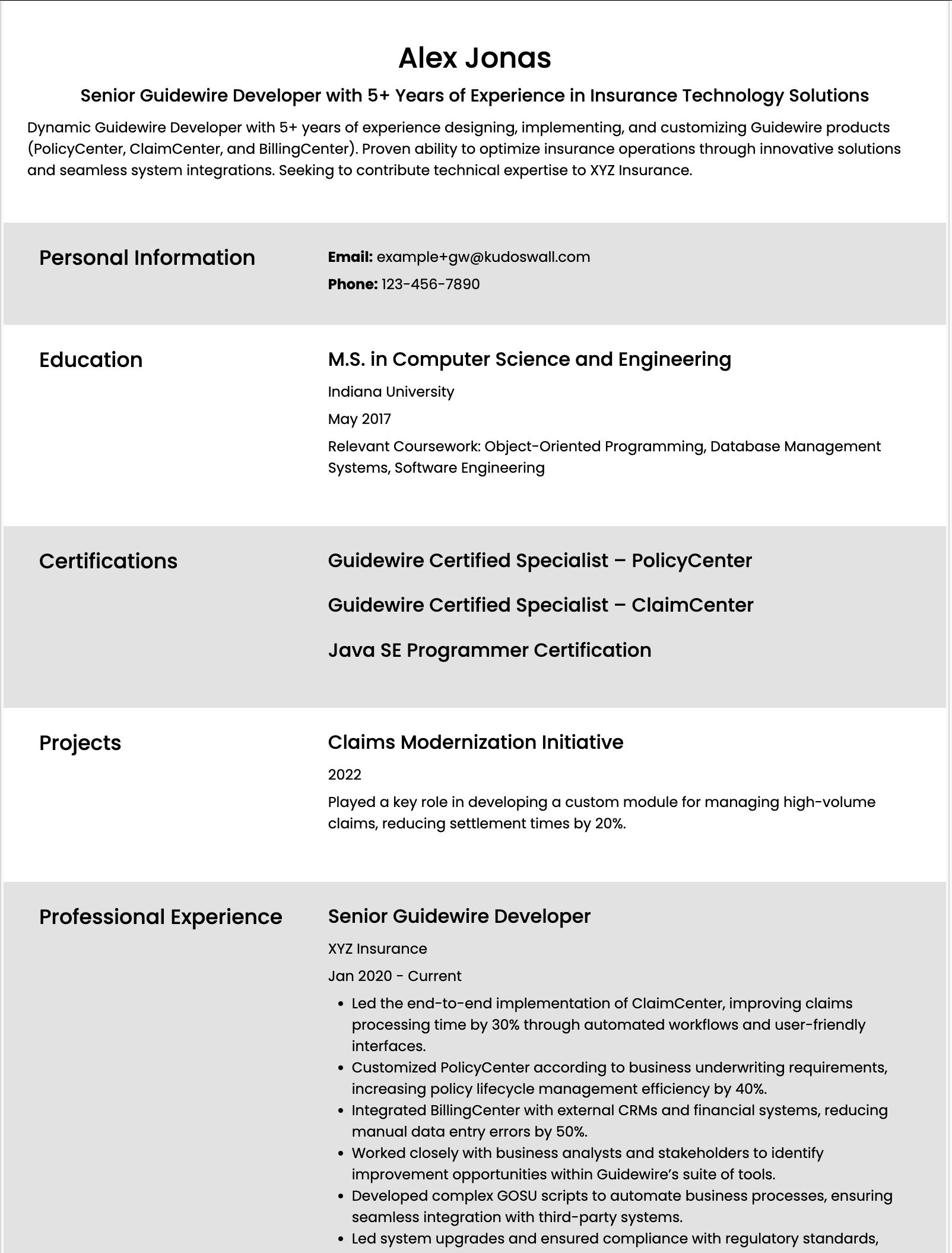 Guidewire Senior Developer Resume Example