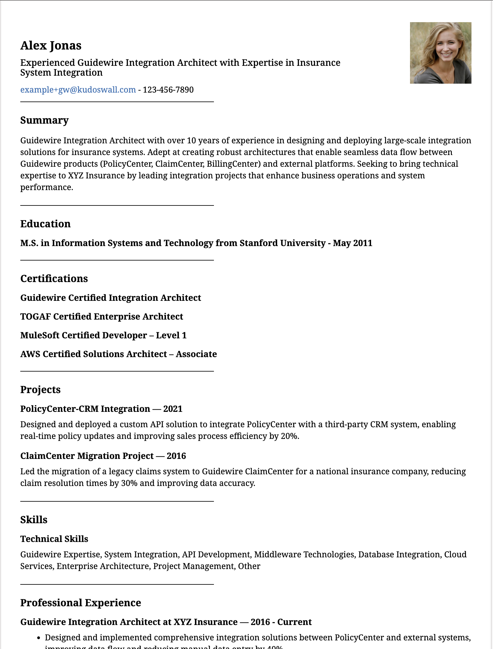 Guidewire Integration Architect Resume Example