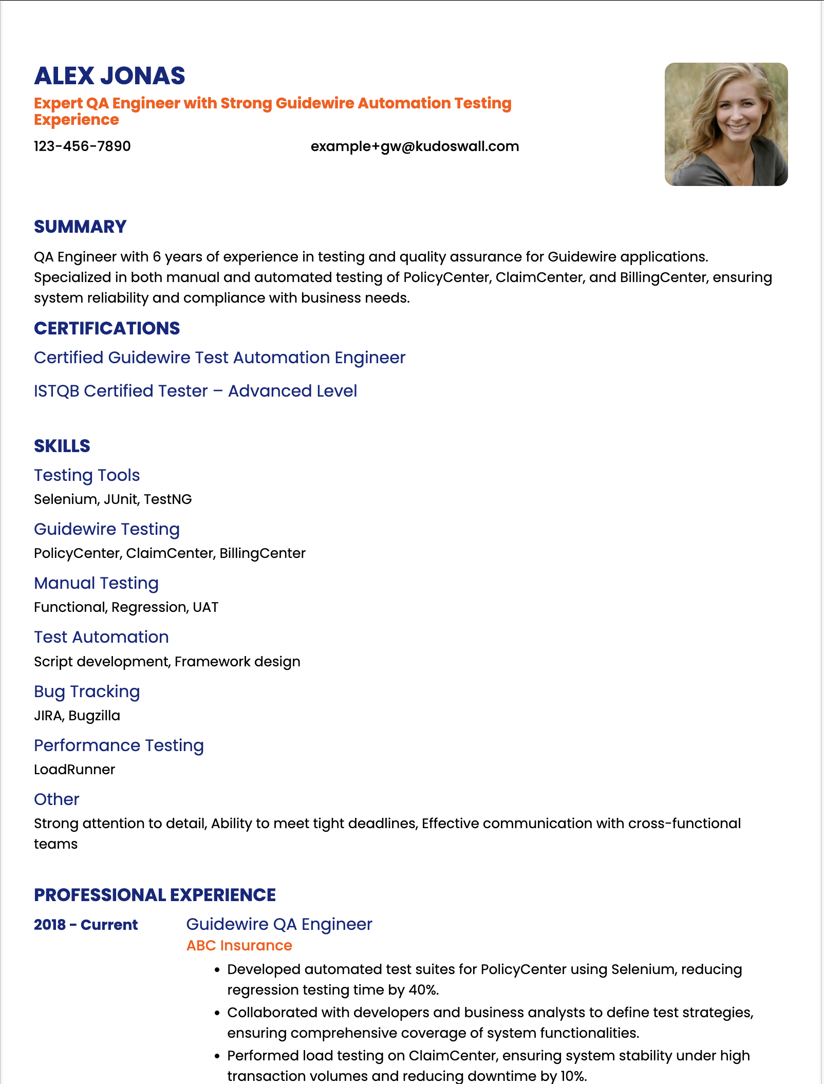 Guidewire Quality Engineer Resume Example