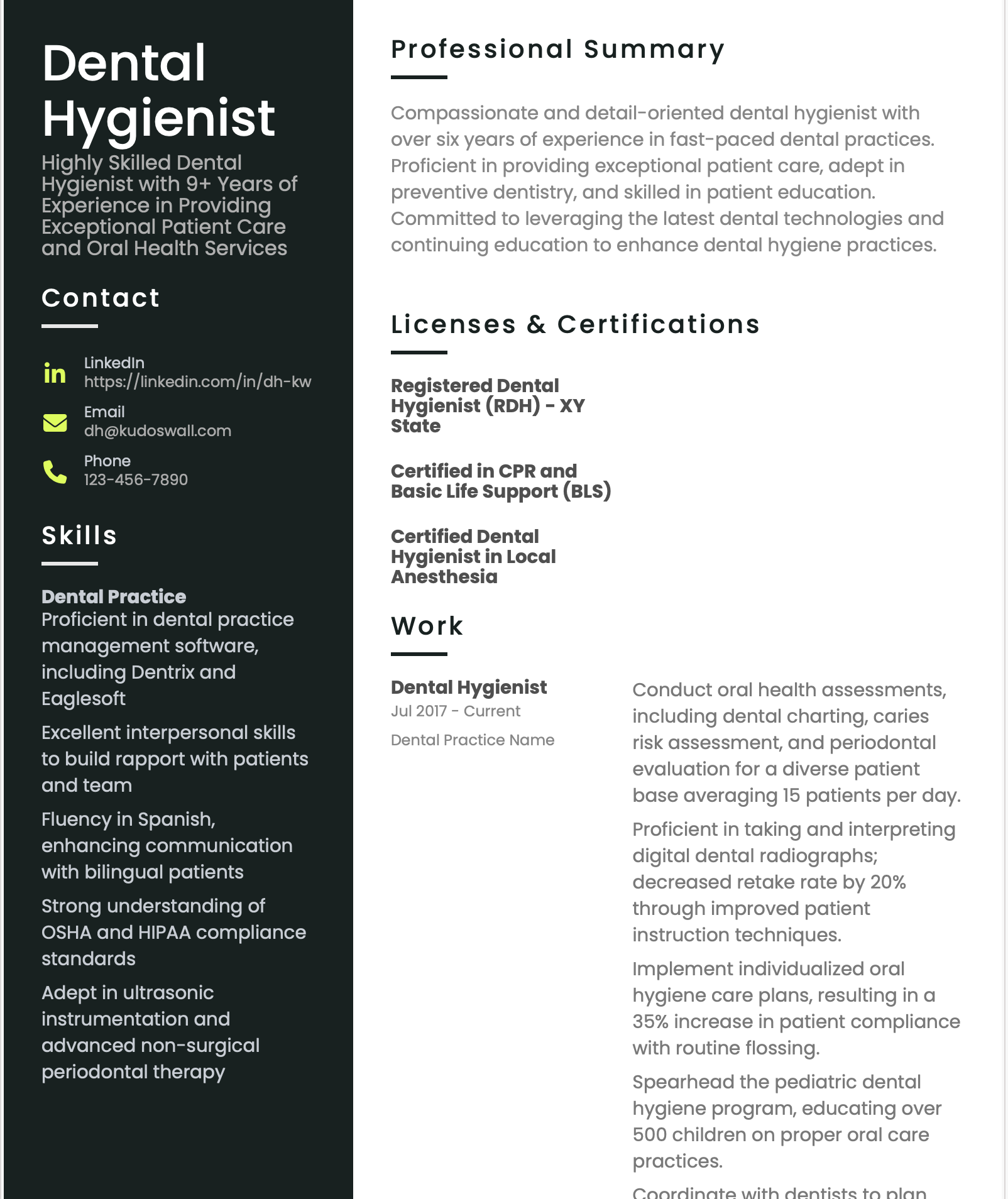 Dental Hygienist Resume Example