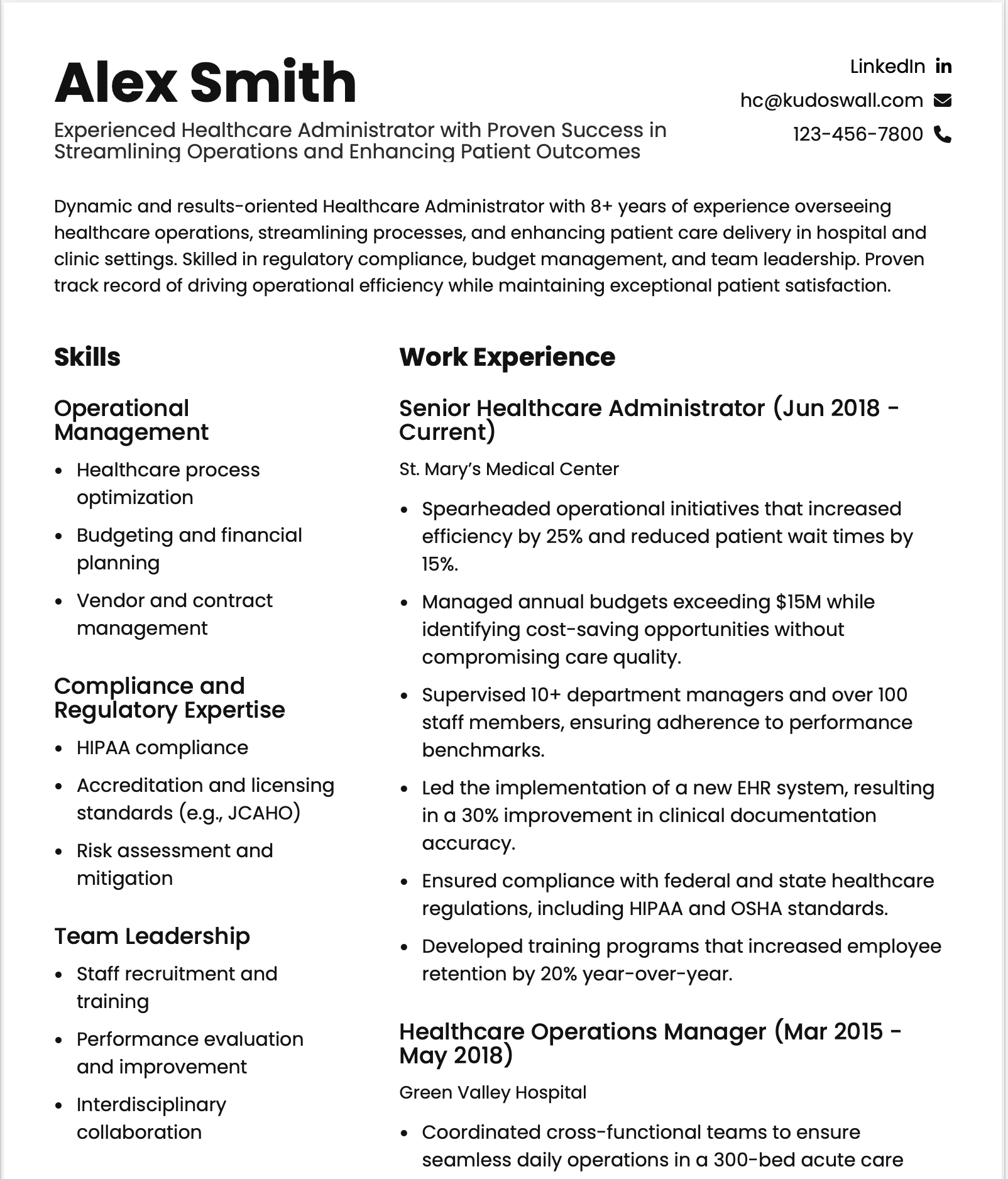 Healthcare Administrator Resume Example