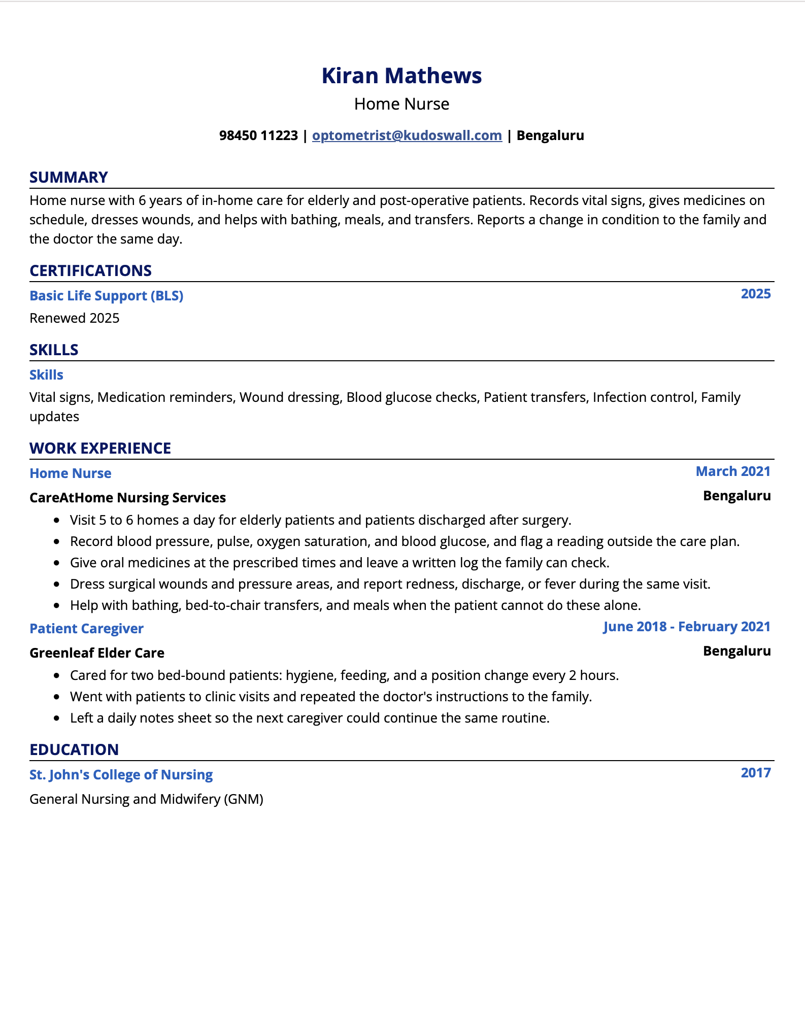 Home nurse and patient caregiver resume example