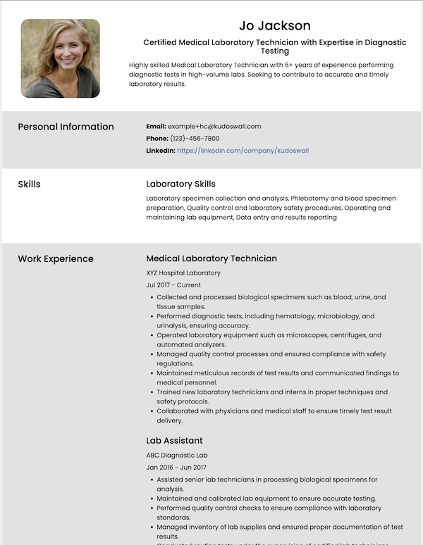 Medical Laboratory Technician Resume Example