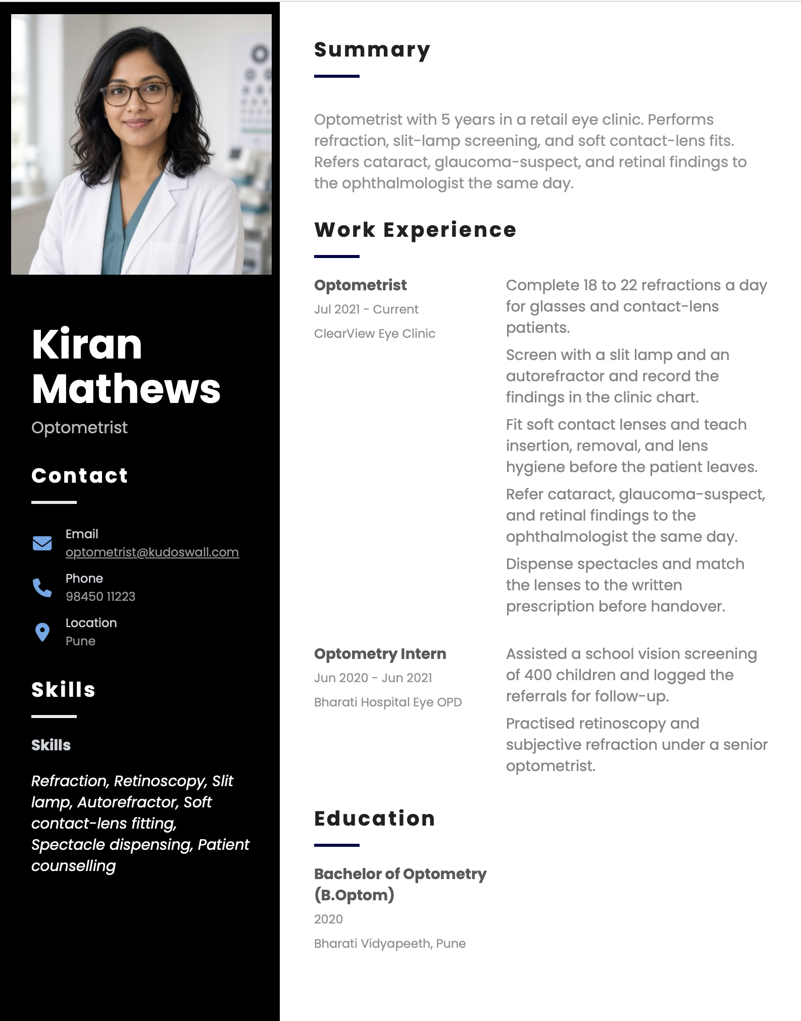 Optometrist resume example