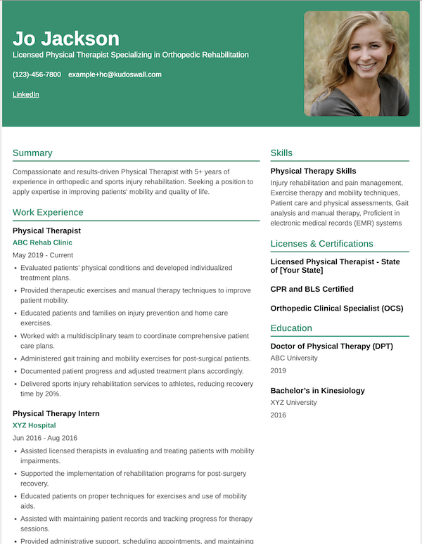 Physical Therapist Resume Example