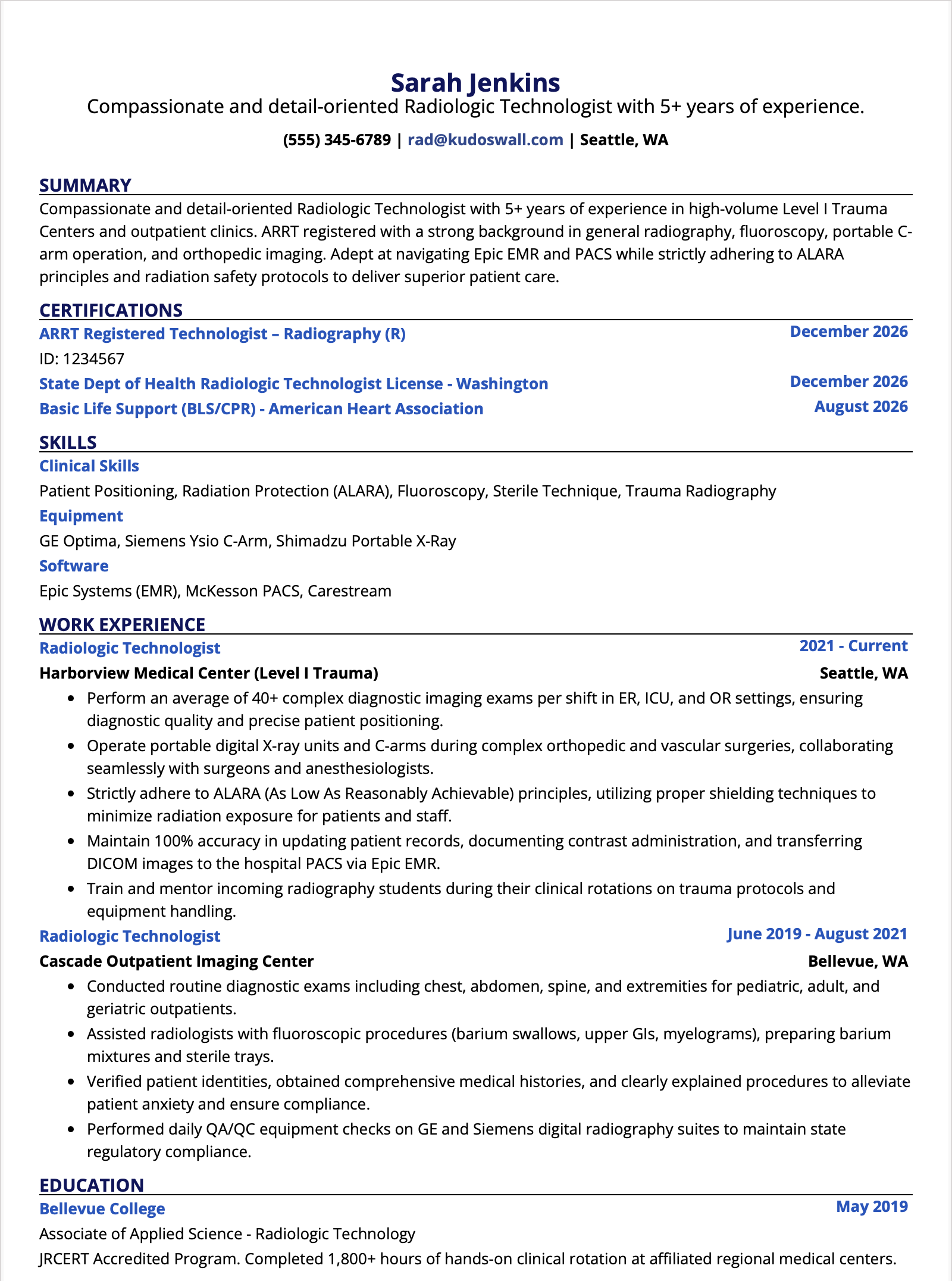 Radiologic Technologist Resume Example
