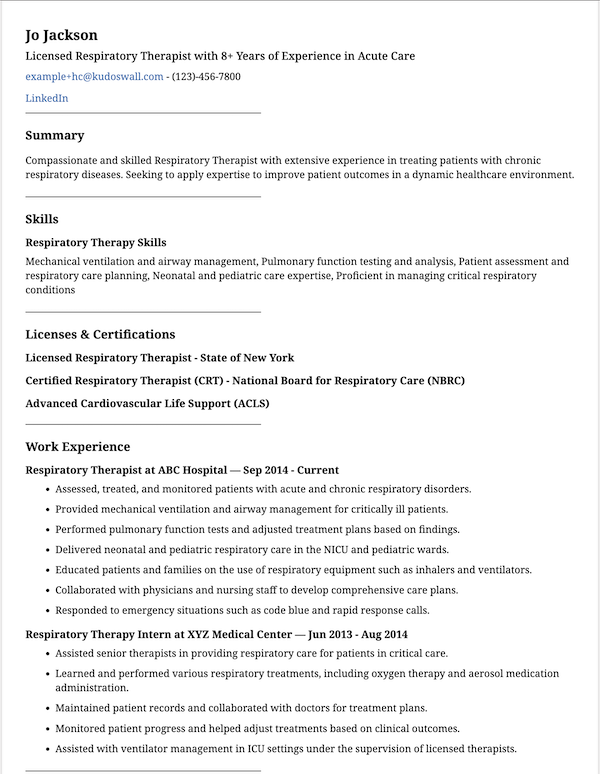 Respiratory Therapist Resume Example