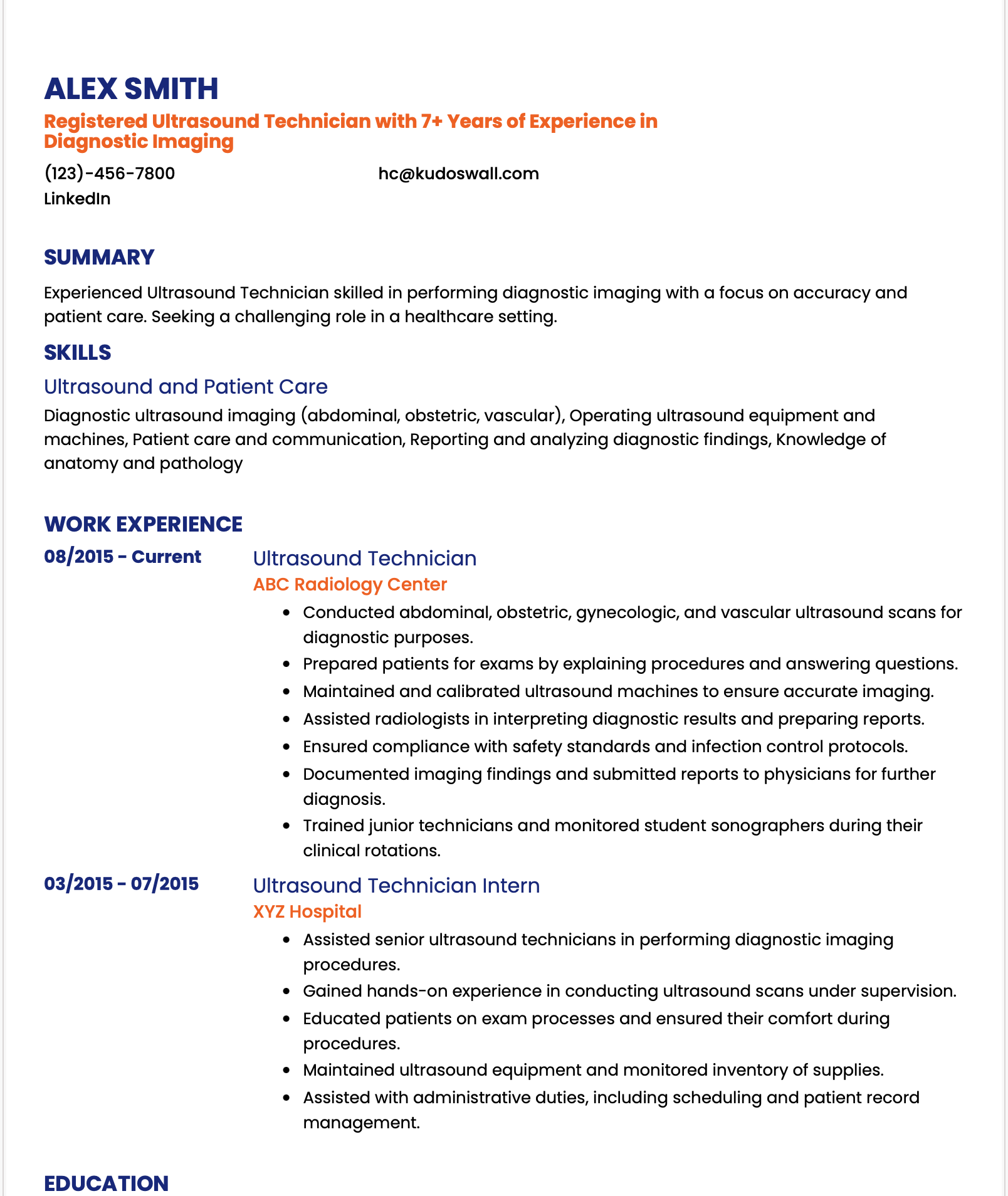 Ultrasound Technician Resume Example