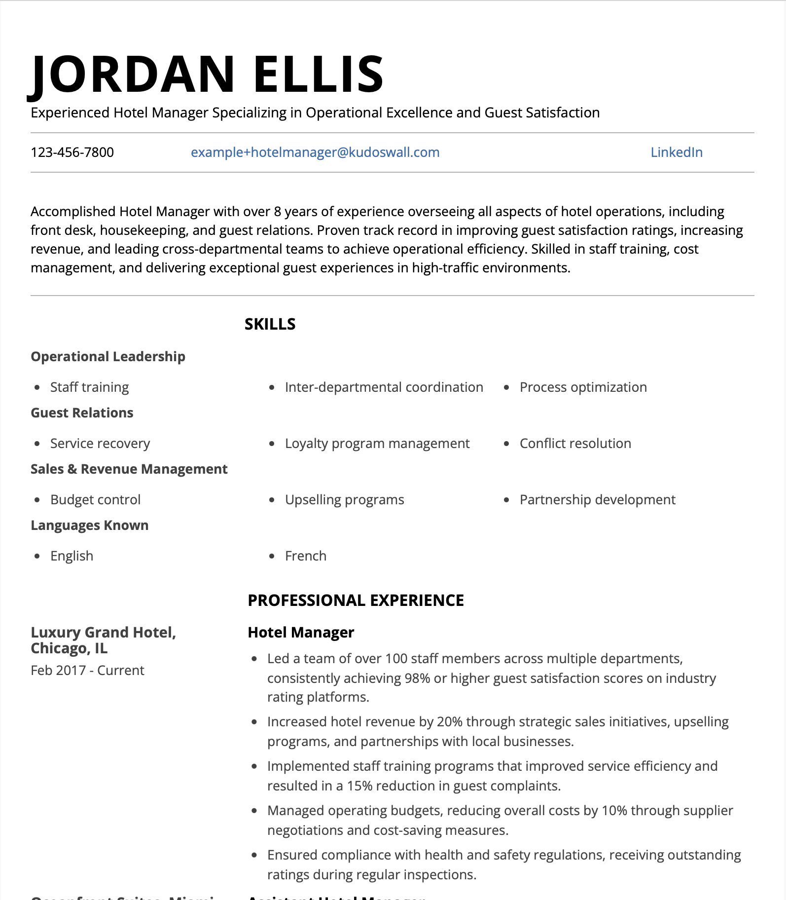 Hotel Management Resume Example