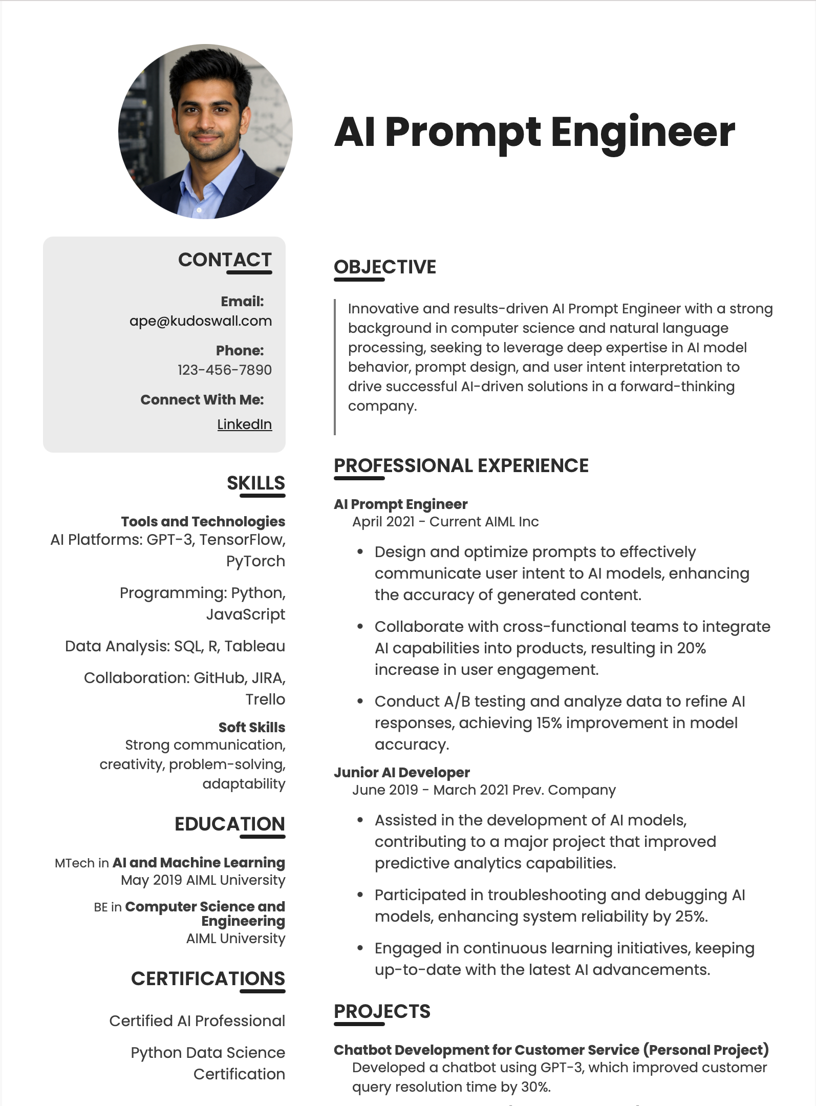 AI Prompt Engineer Resume Example