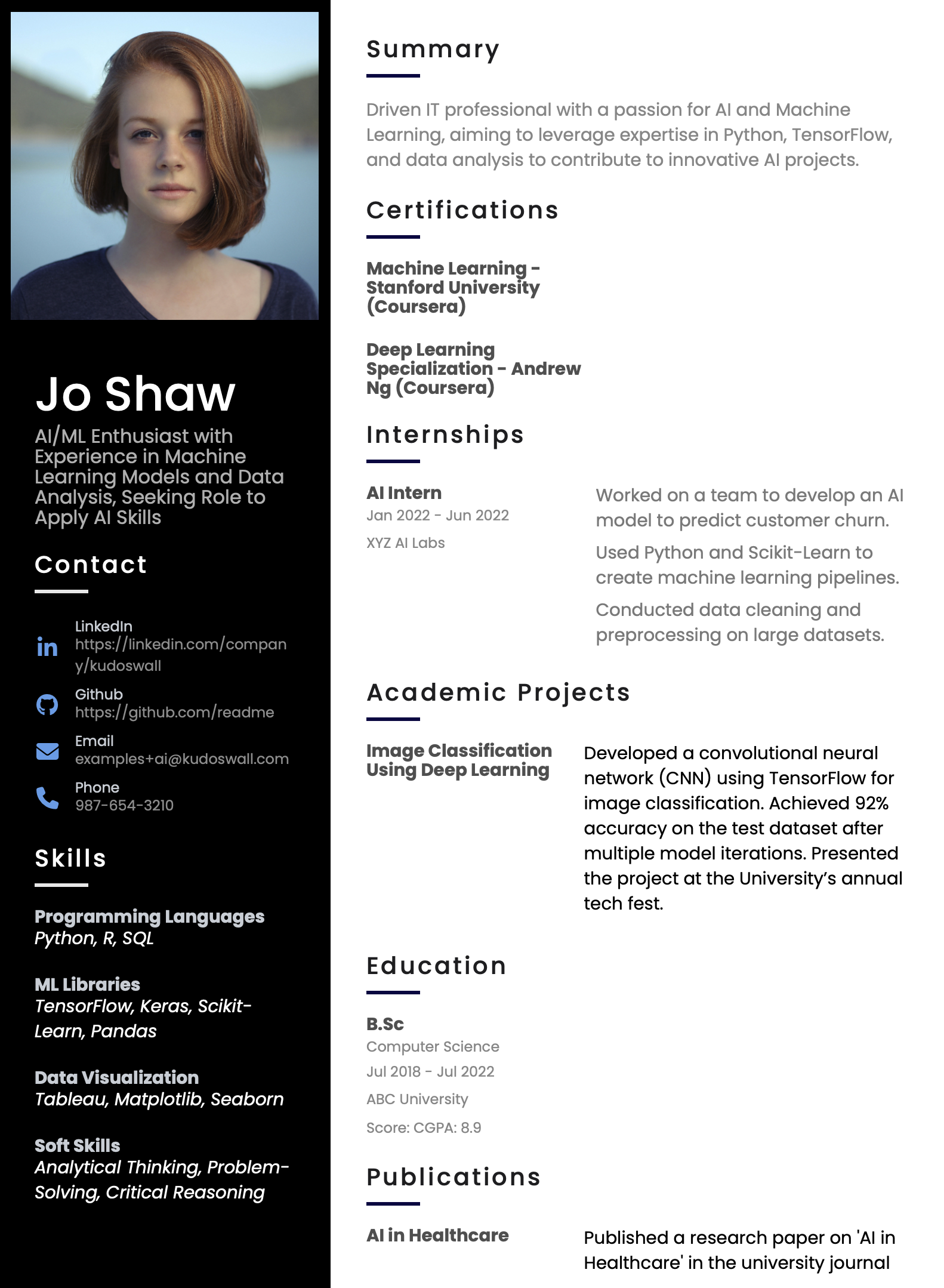 AI/ML Fresher Resume Example