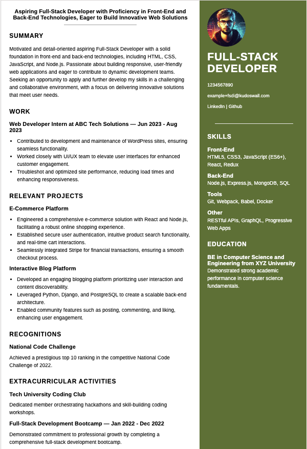 Full Stack Developer Entry Level Resume (MERN/Java)