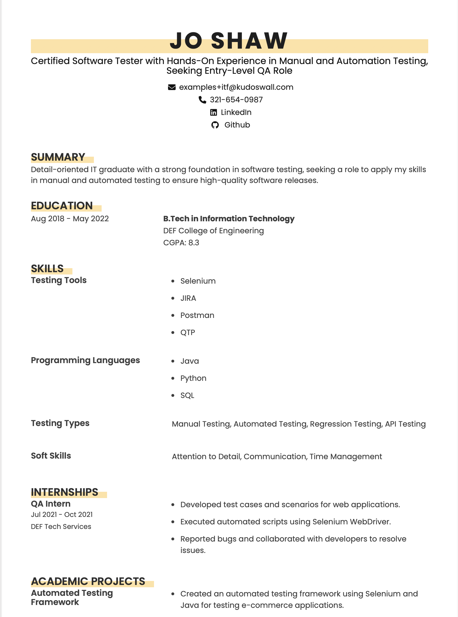Software Tester Trainee Resume Example