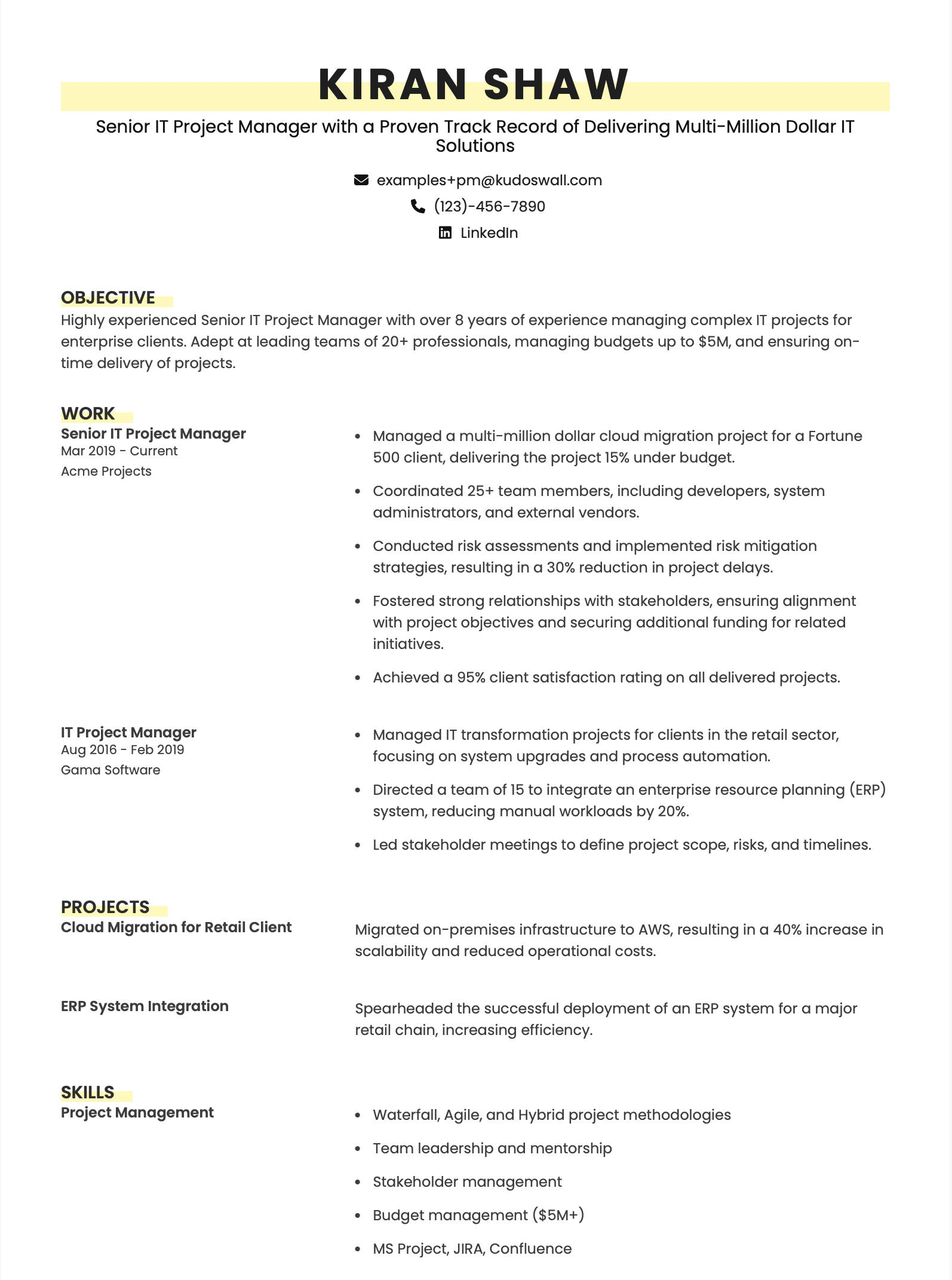Senior IT Project Manager Resume Example