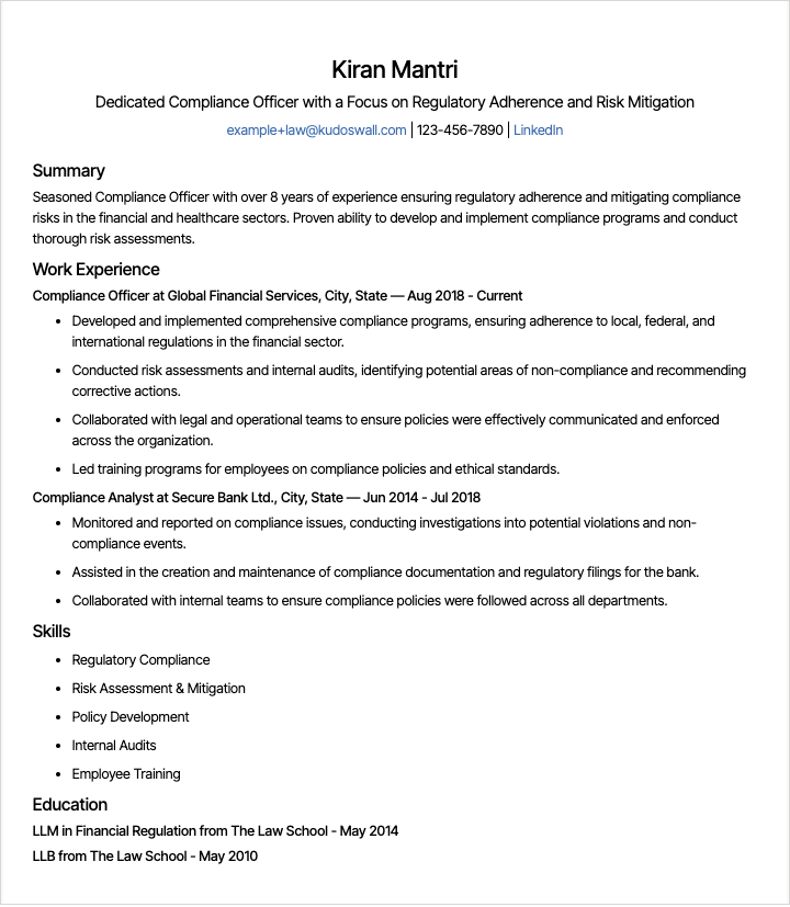 Compliance Officer Resume Example