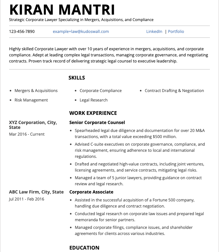 Corporate Lawyer Resume Example
