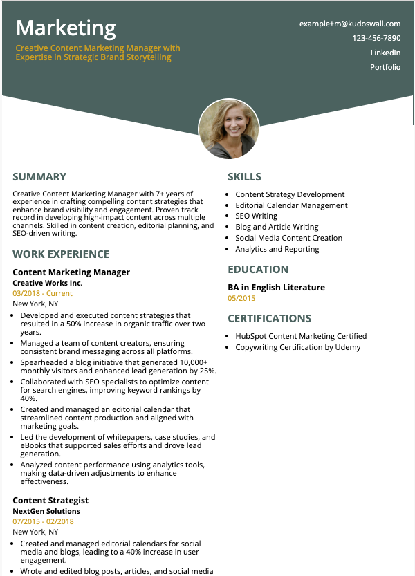 Content Marketing Manager Resume Example