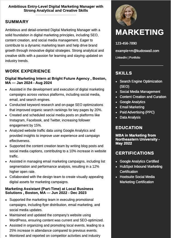 Digital Marketing Intern Resume Example