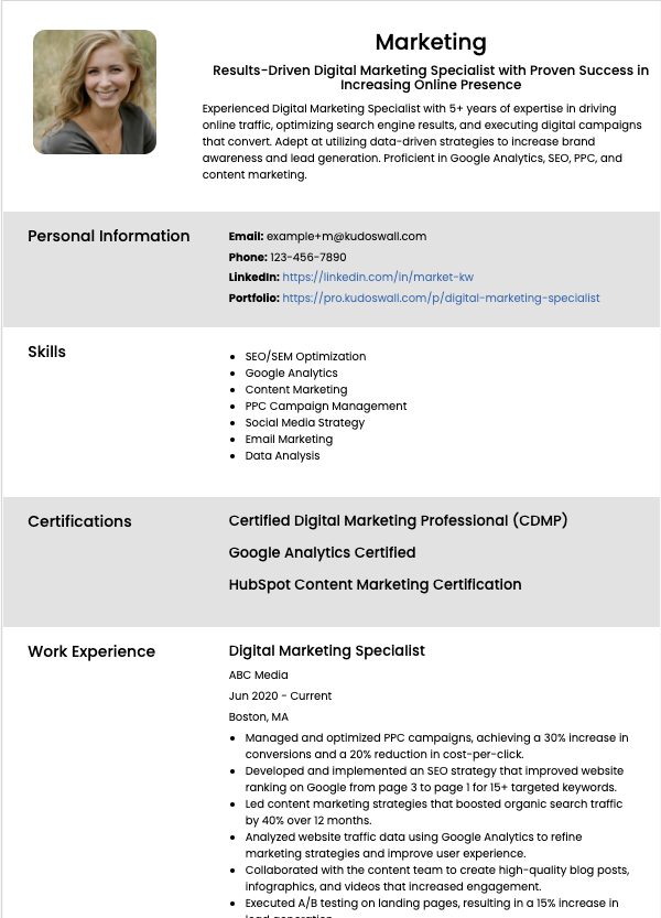 Digital Marketing Specialist Resume Example