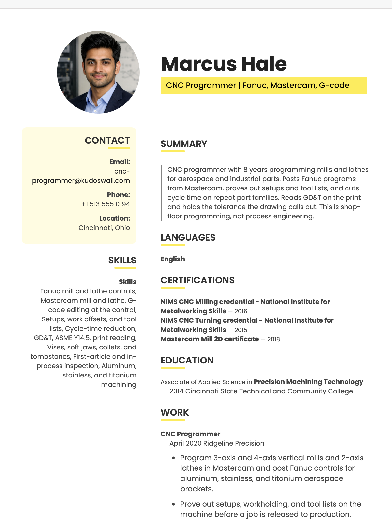 CNC Programmer Resume Example