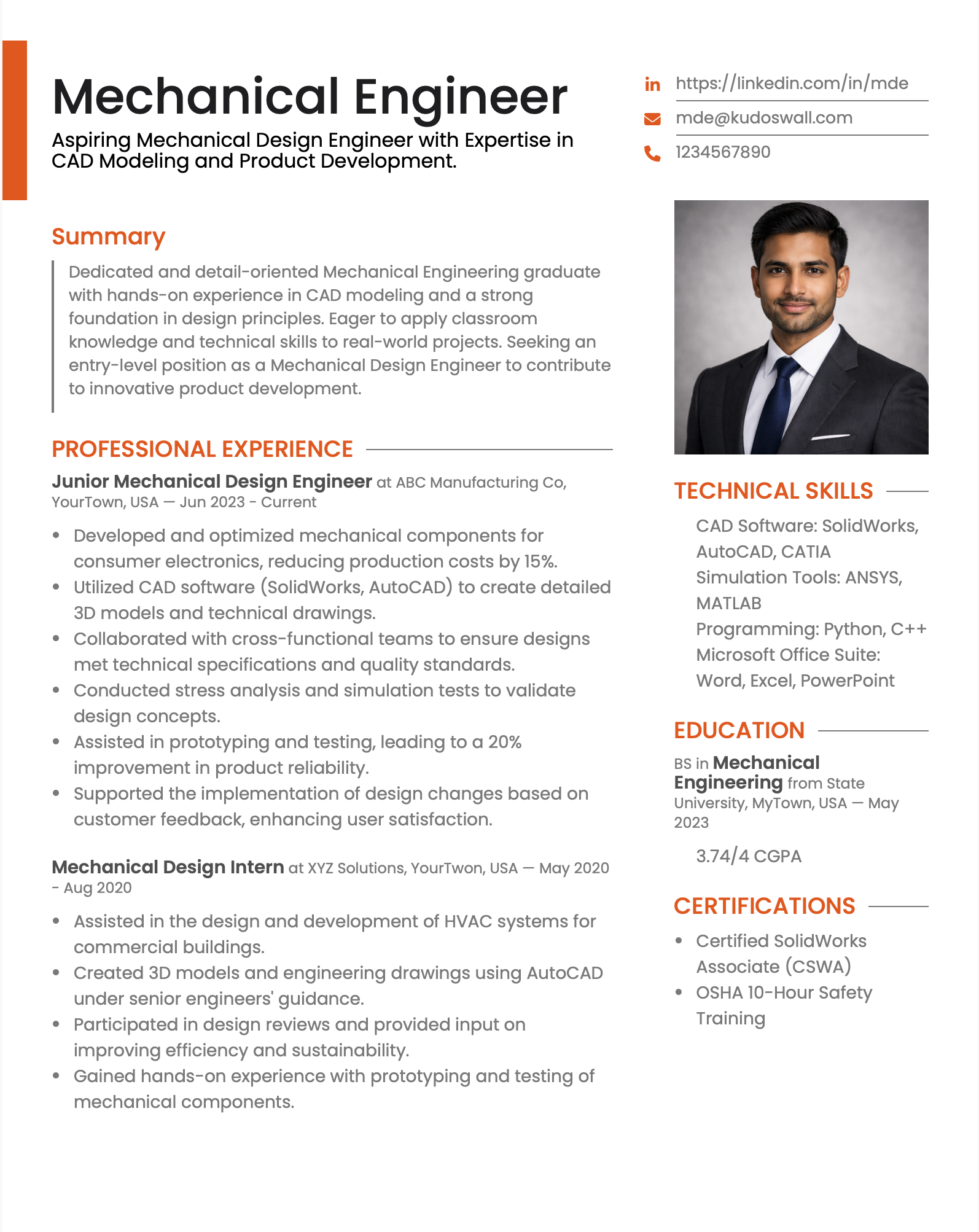 Junior Mechanical Design Engineer Resume Example