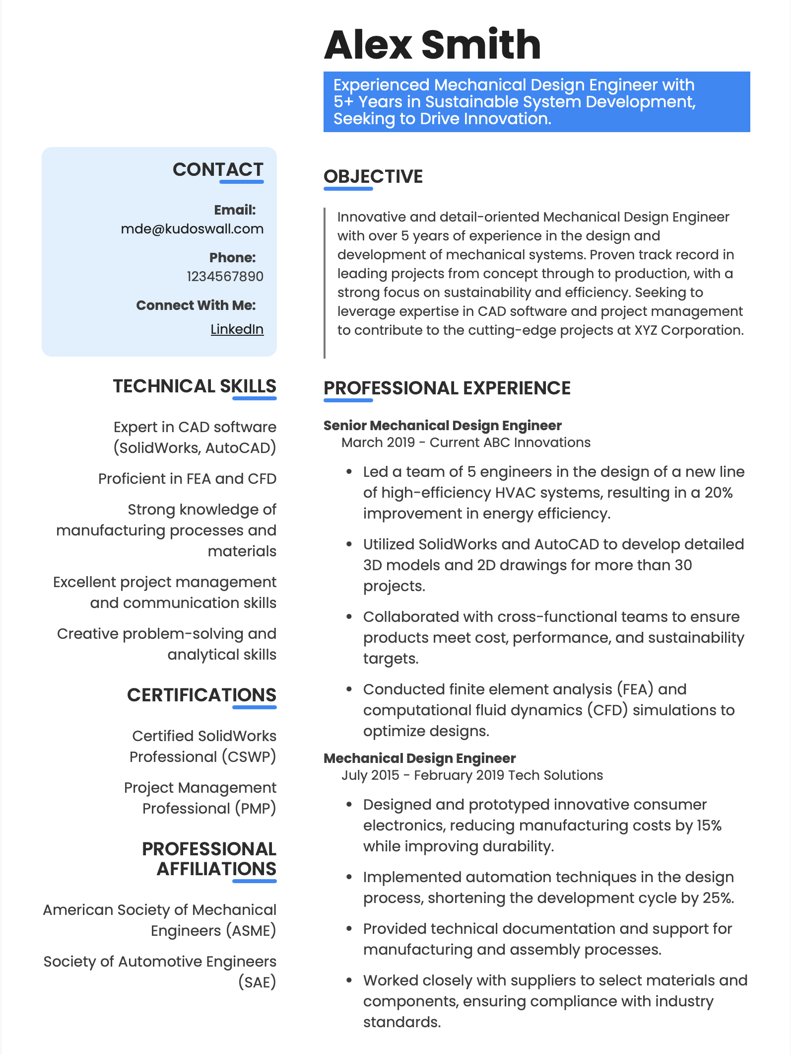 mechanical engineering design resume