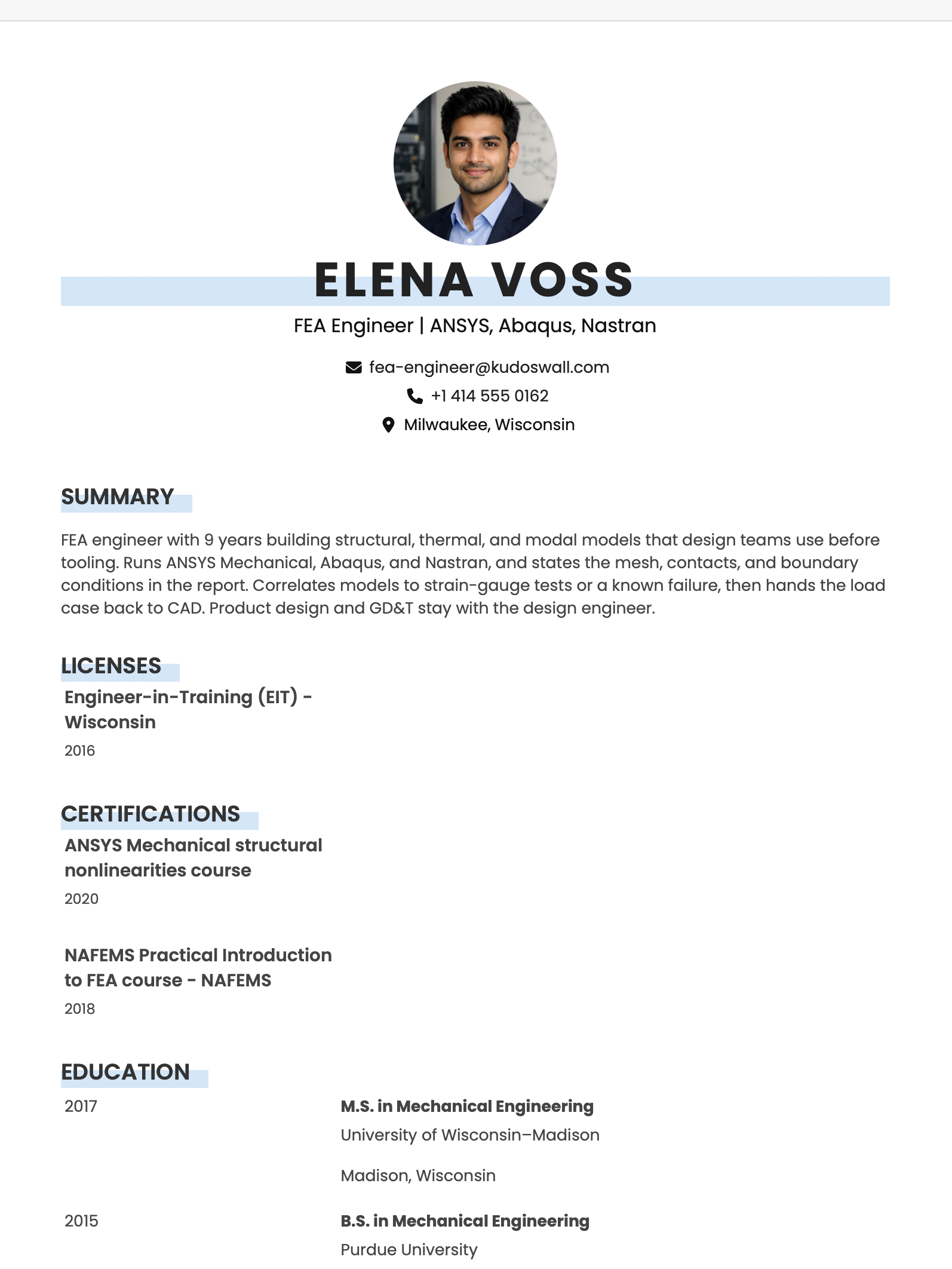 FEA Engineer Resume Example
