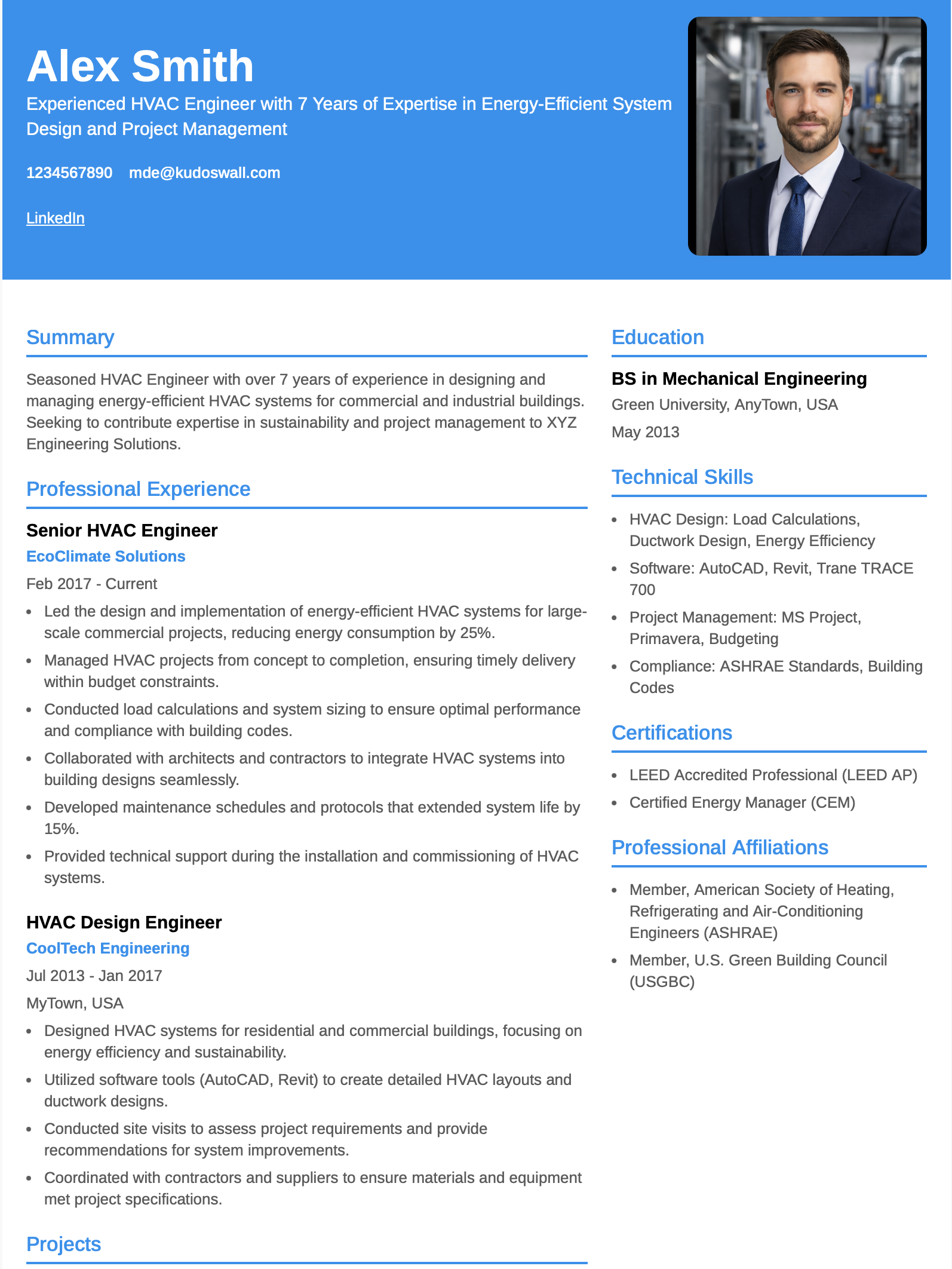 HVAC Engineer Resume Example