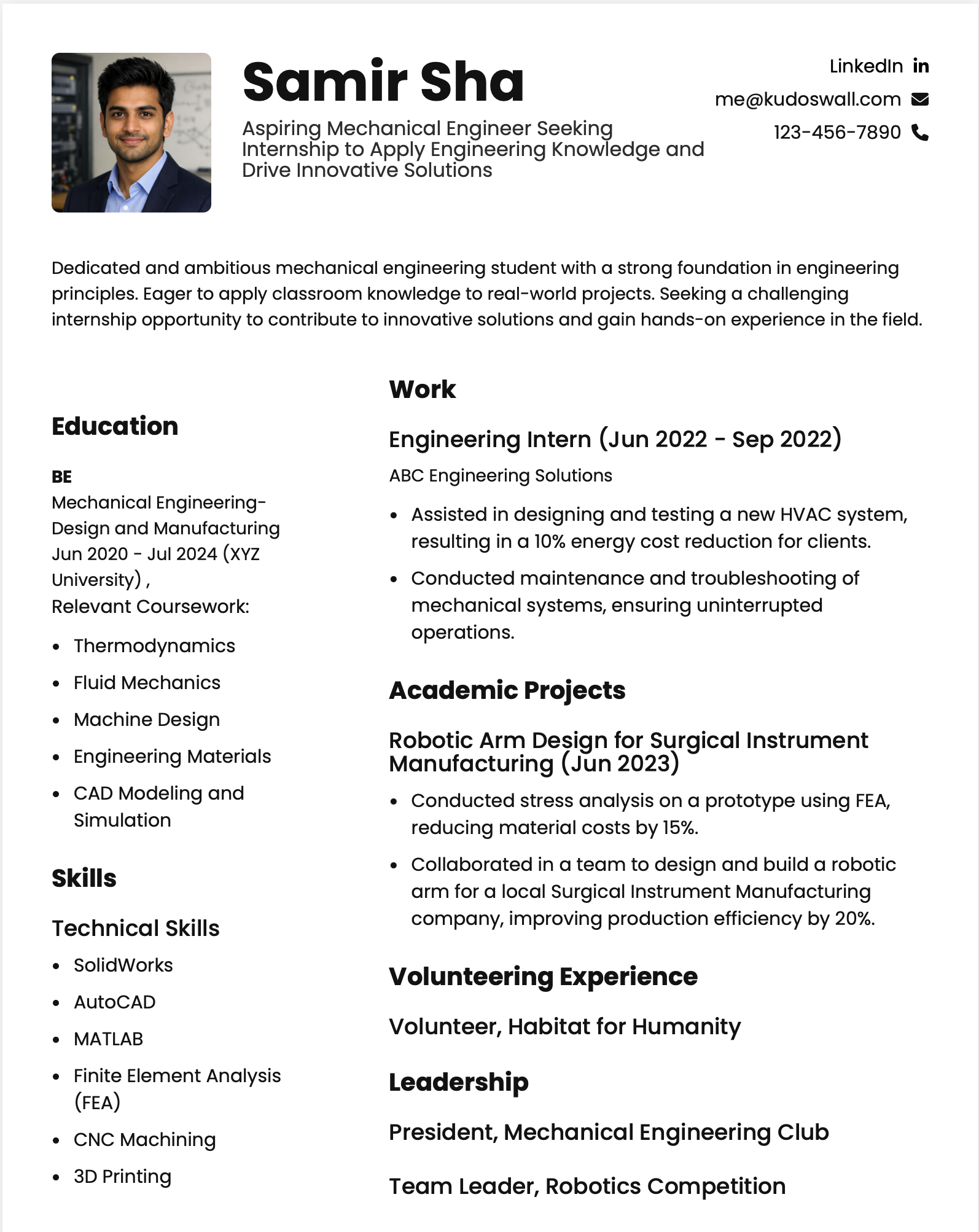 Intern Mechanical Engineer Resume Example