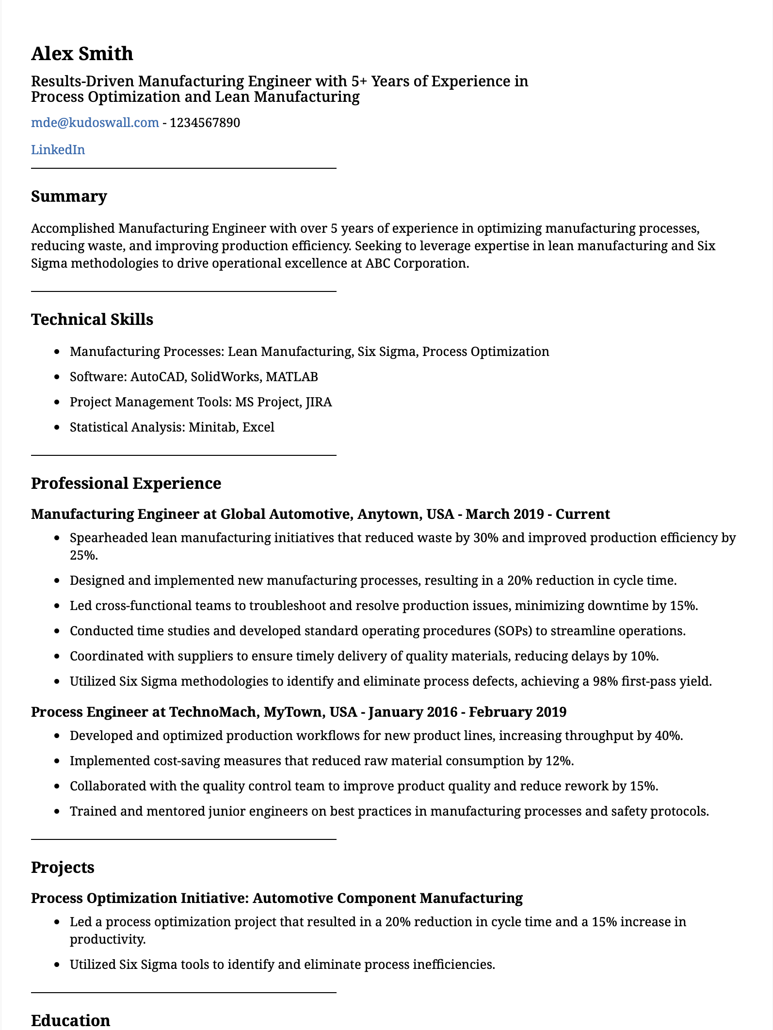 Manufacturing Engineer Resume Example