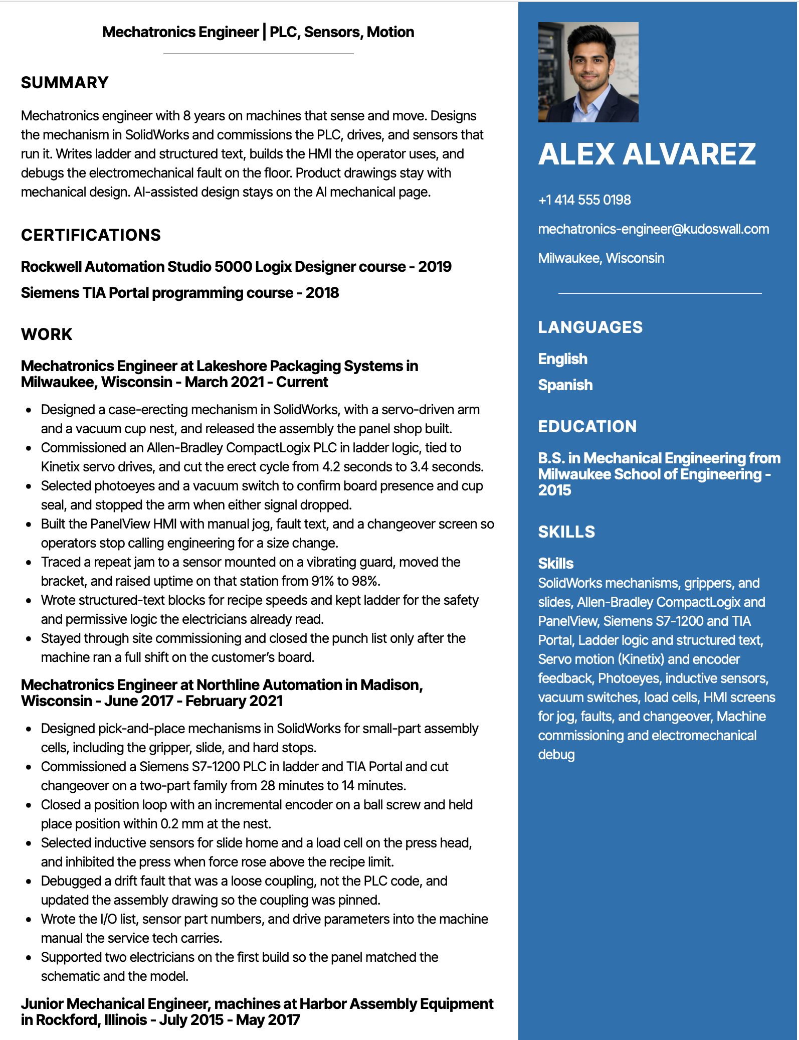 Mechatronics Engineer Resume Example