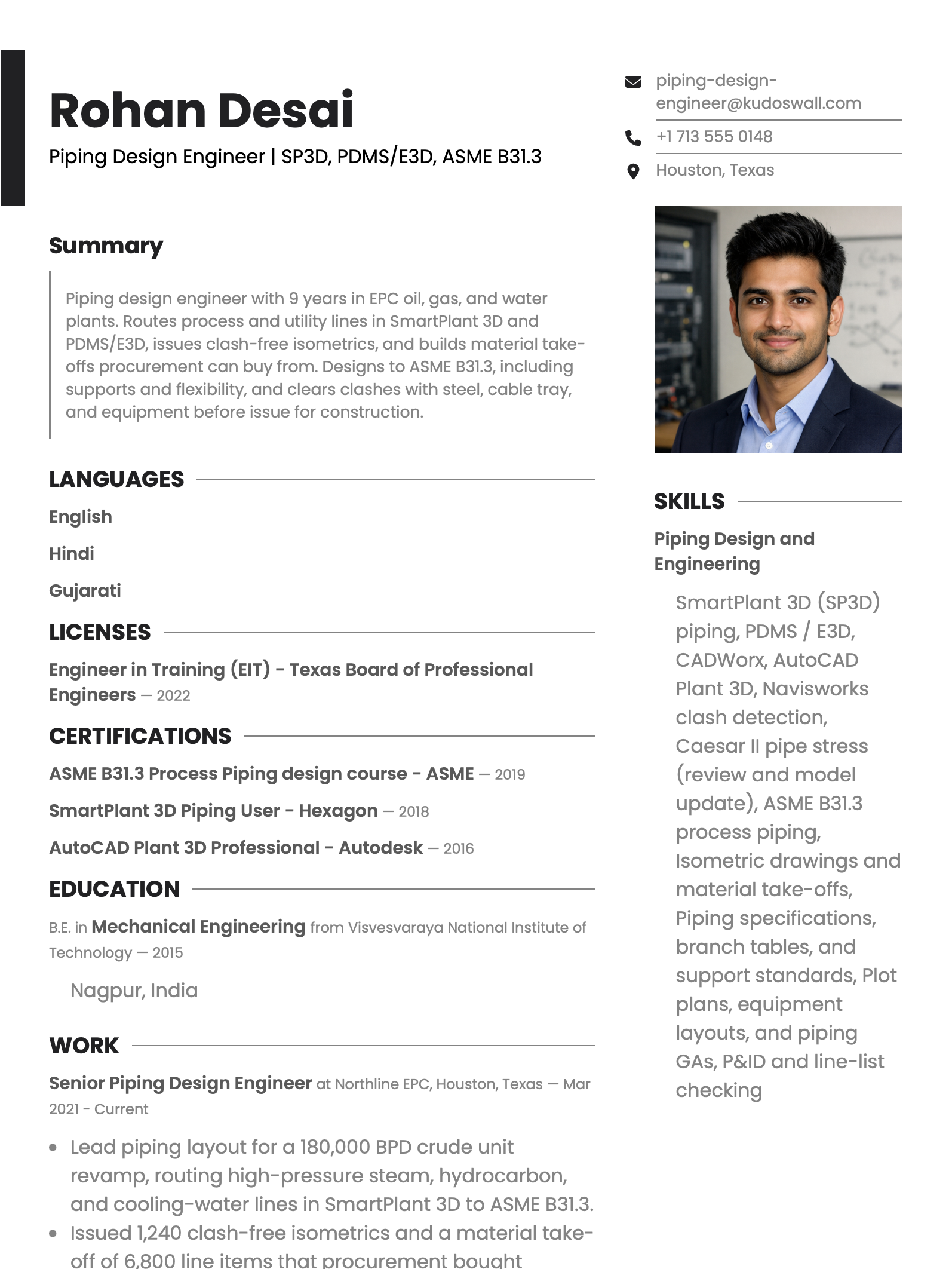 Piping Design Engineer Resume Example