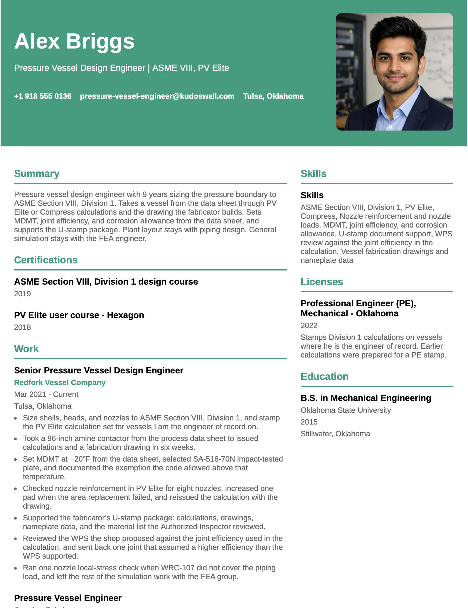 Pressure Vessel Design Engineer Resume Example