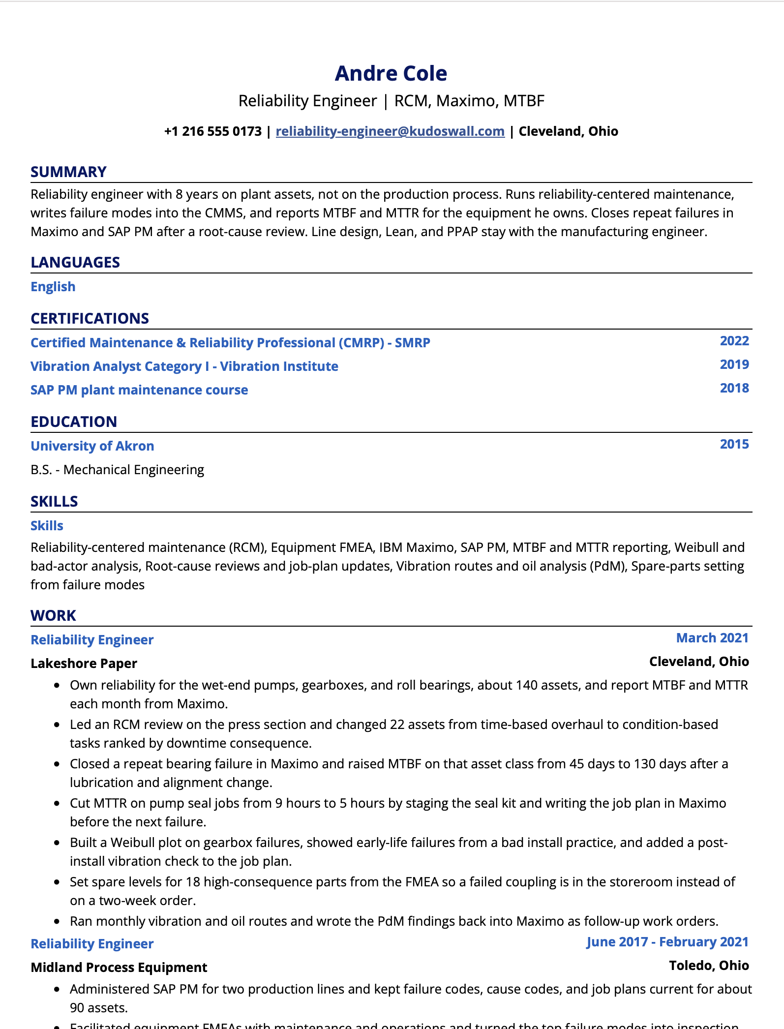 Reliability Engineer Resume Example