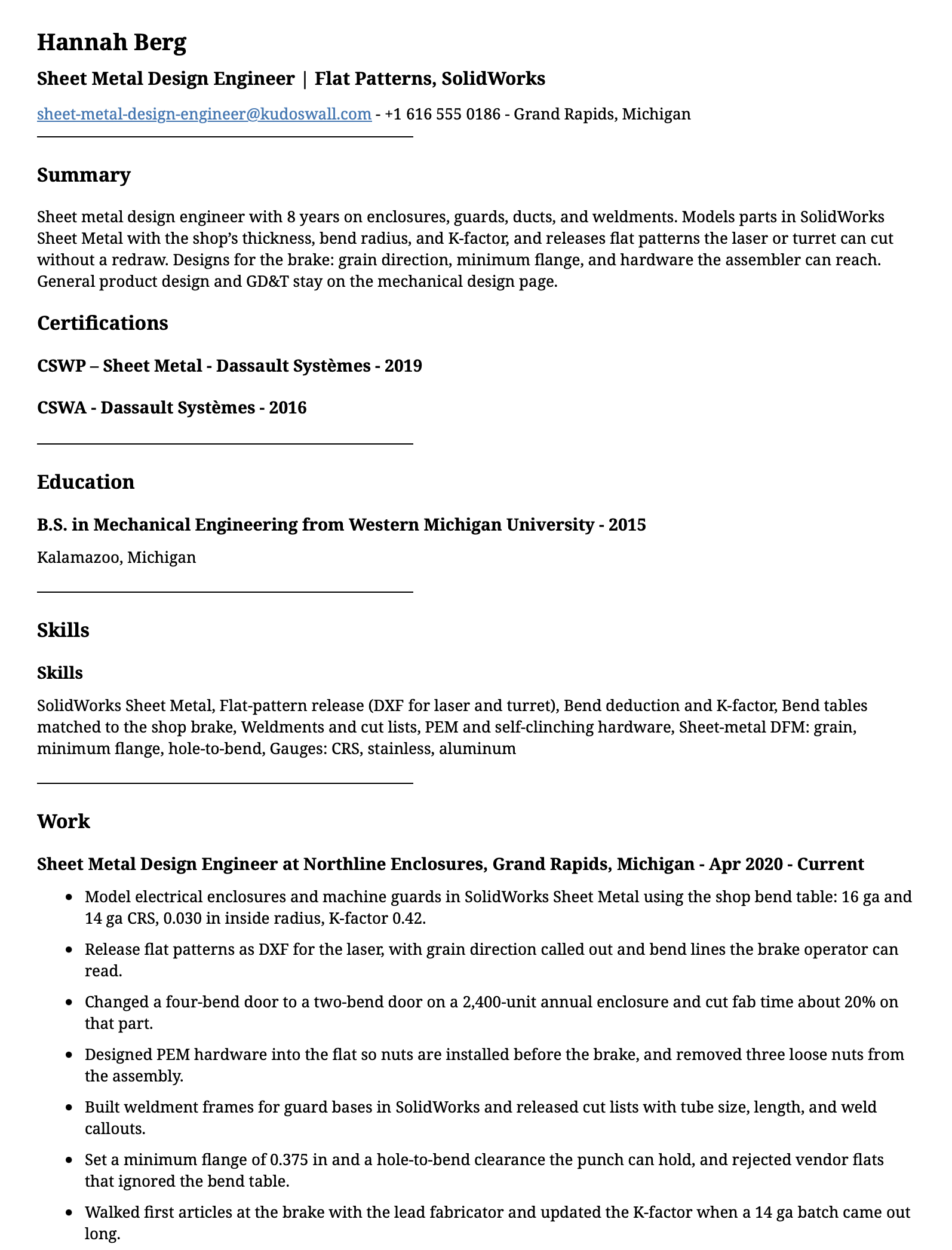 Sheet Metal Design Engineer Resume Example