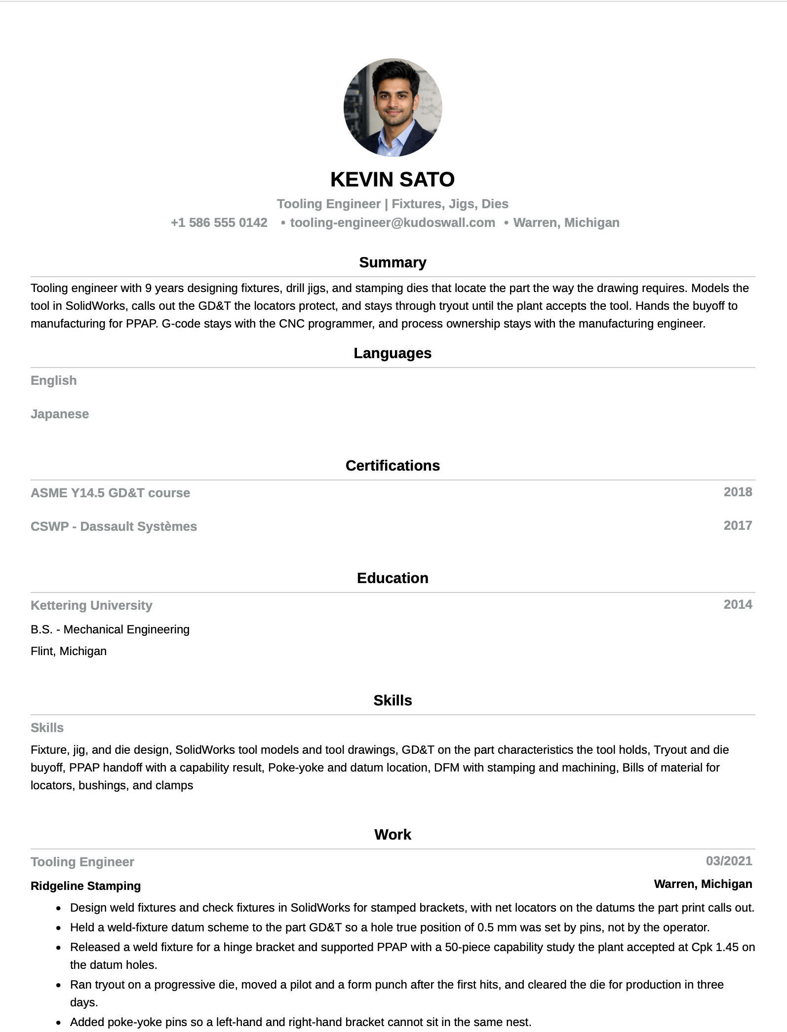 Tooling Engineer Resume Example
