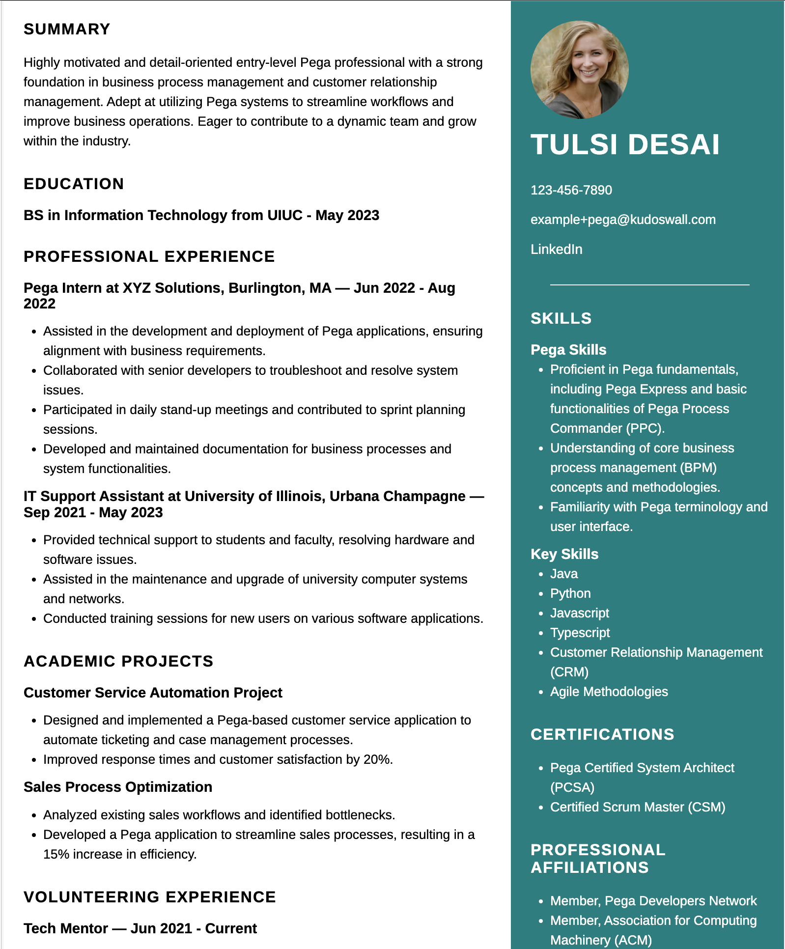 Entry-Level Pega Developer Resume Example