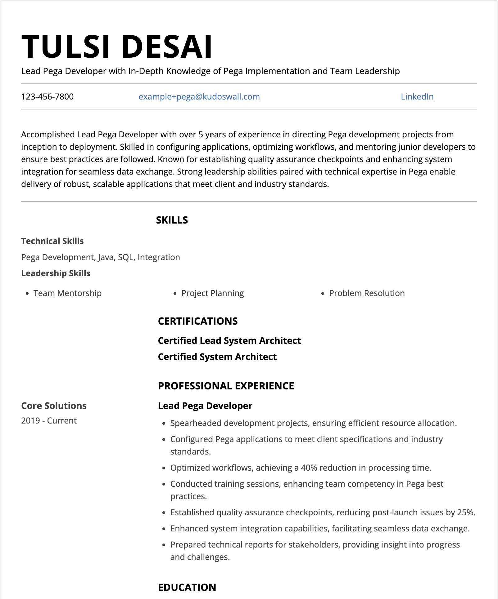 Lead Pega Developer Resume Example