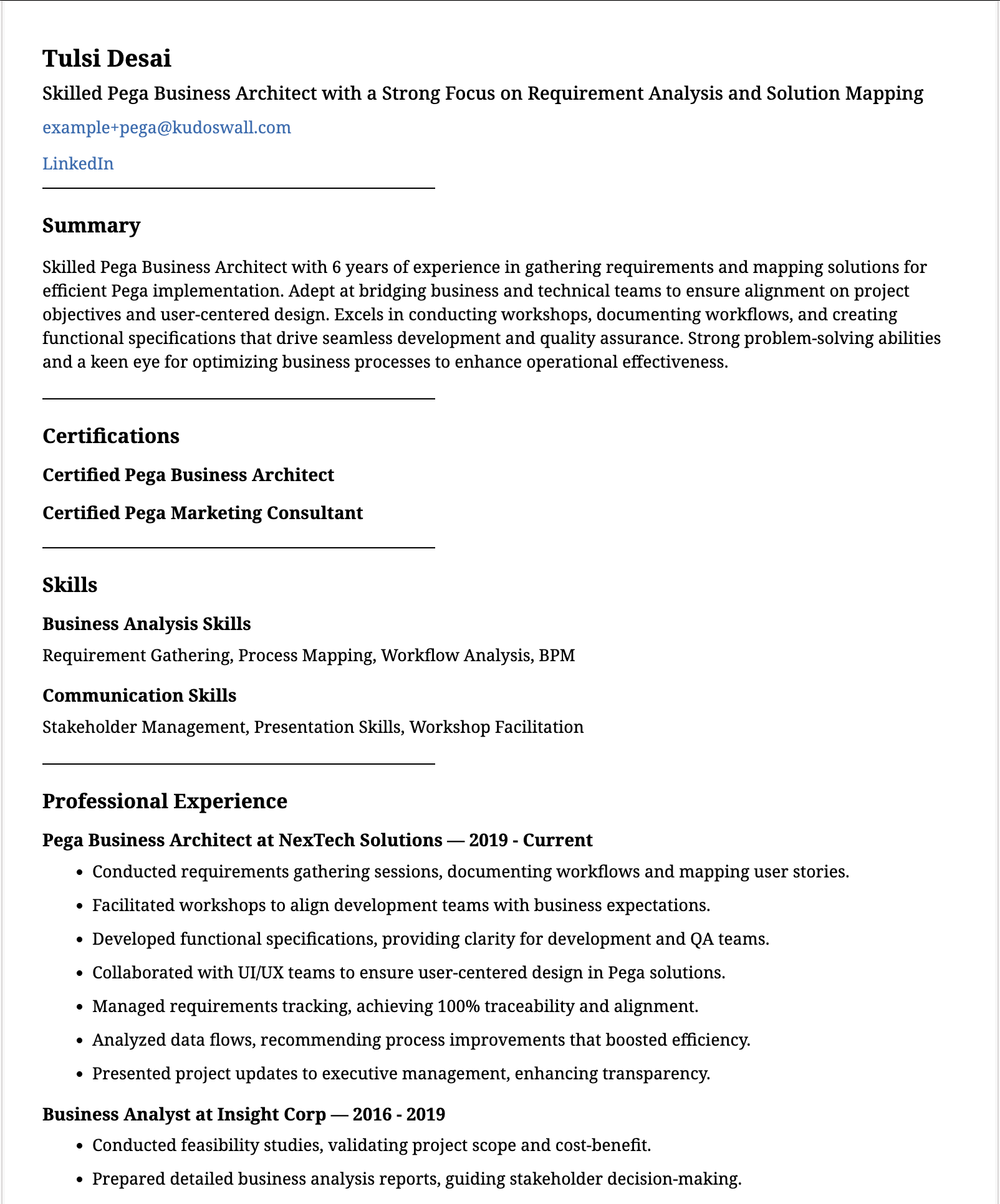Pega Business Architect Resume Example