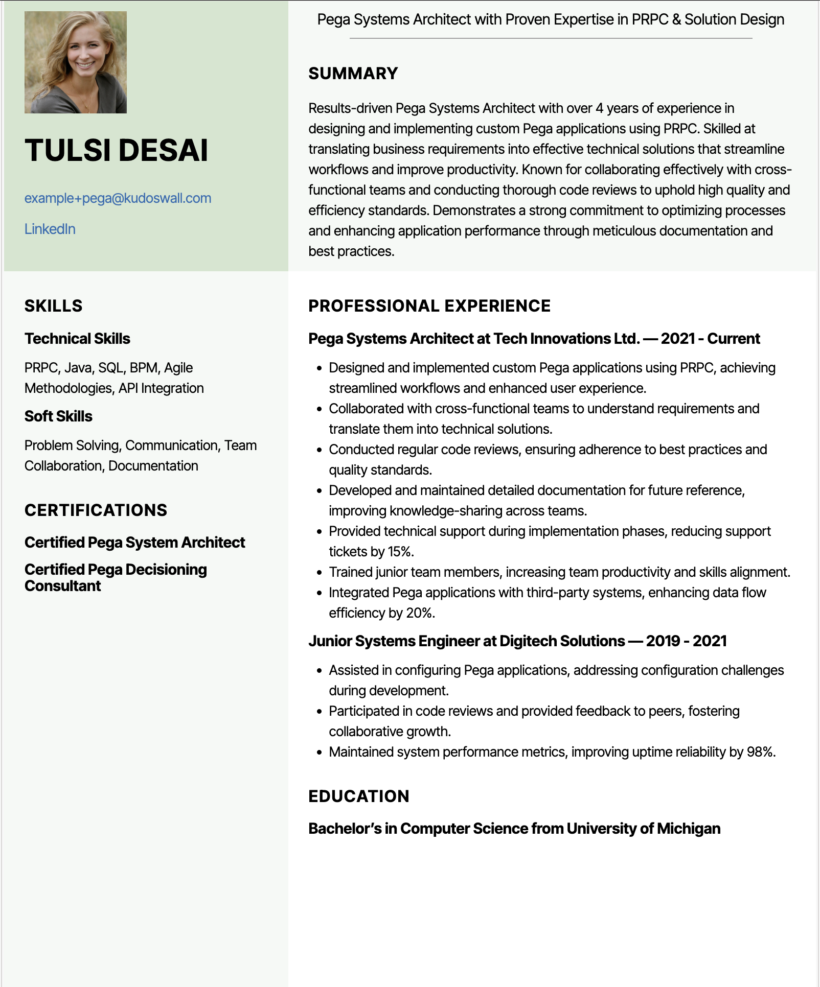 Pega Systems Architect Resume Example
