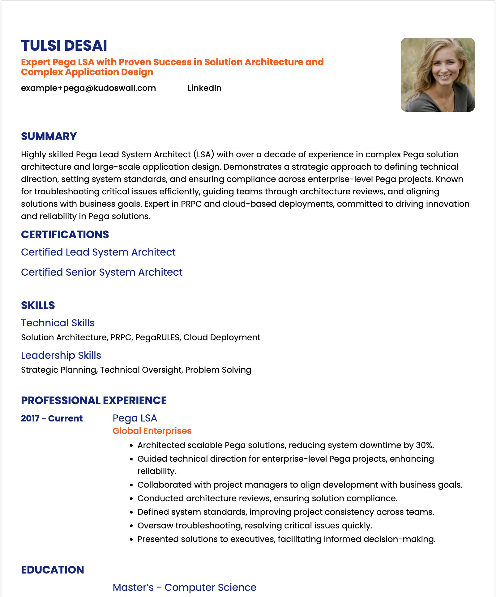 Pega Lead System Architect (LSA) Resume Example